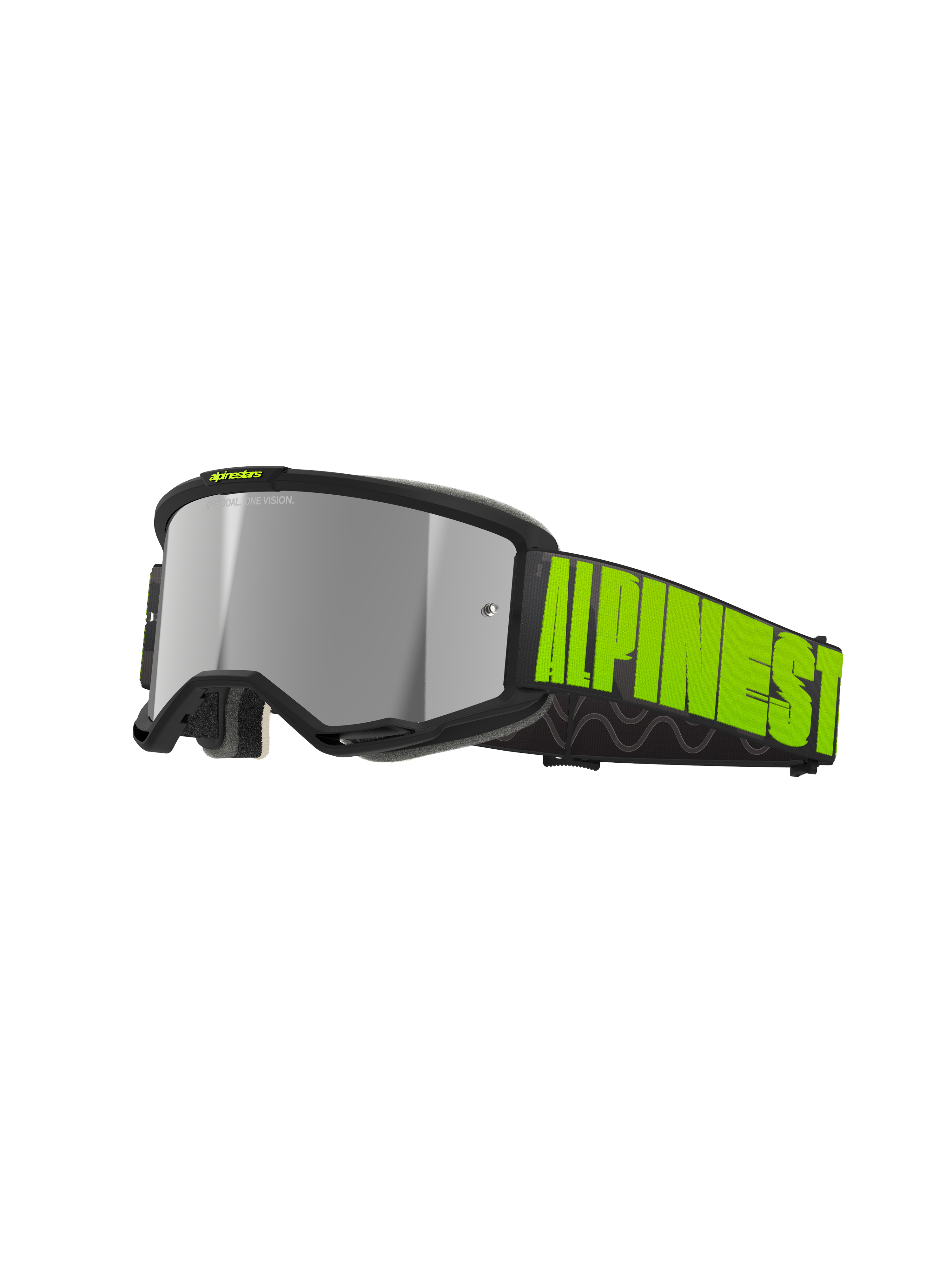 Alpinestars Vision 5 Hollow Goggles, occhiali da motocross fuoristrada, grigio antracite e giallo fluo, lente a specchio argento riflettente con montatura nera, ampio cinturino nero con logo giallo neon e grip interno in silicone, fori di ventilazione e morbida imbottitura facciale