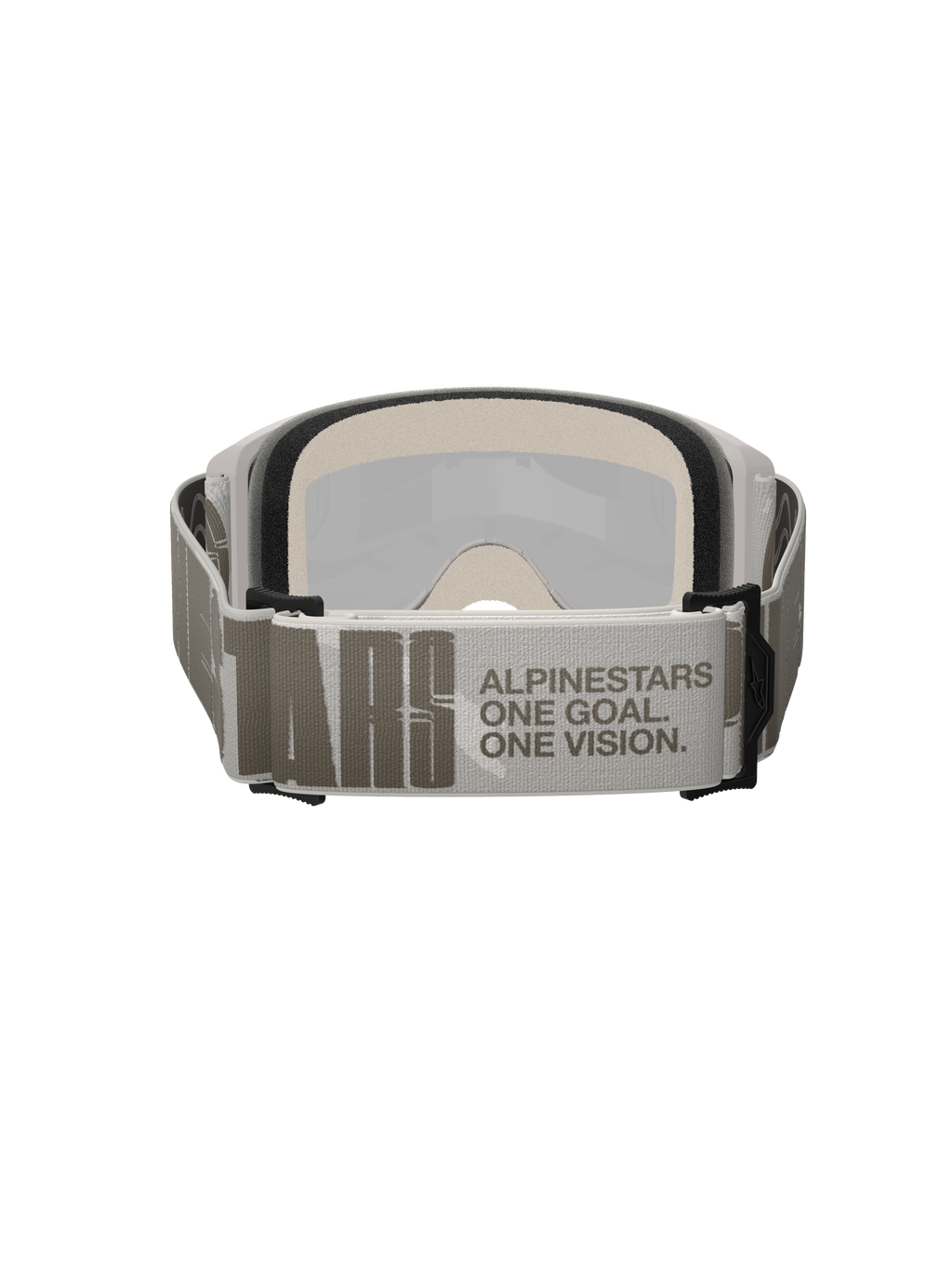 Alpinestars Vision 5 Hollow Goggles, occhiali da motocross, bianco e grigio chiaro, vista posteriore con ampia fascia intrecciata e marchio 'ALPINESTARS ONE GOAL. ONE VISION.', spessa schiuma facciale multistrato, occhiali da fuoristrada ad alte prestazioni