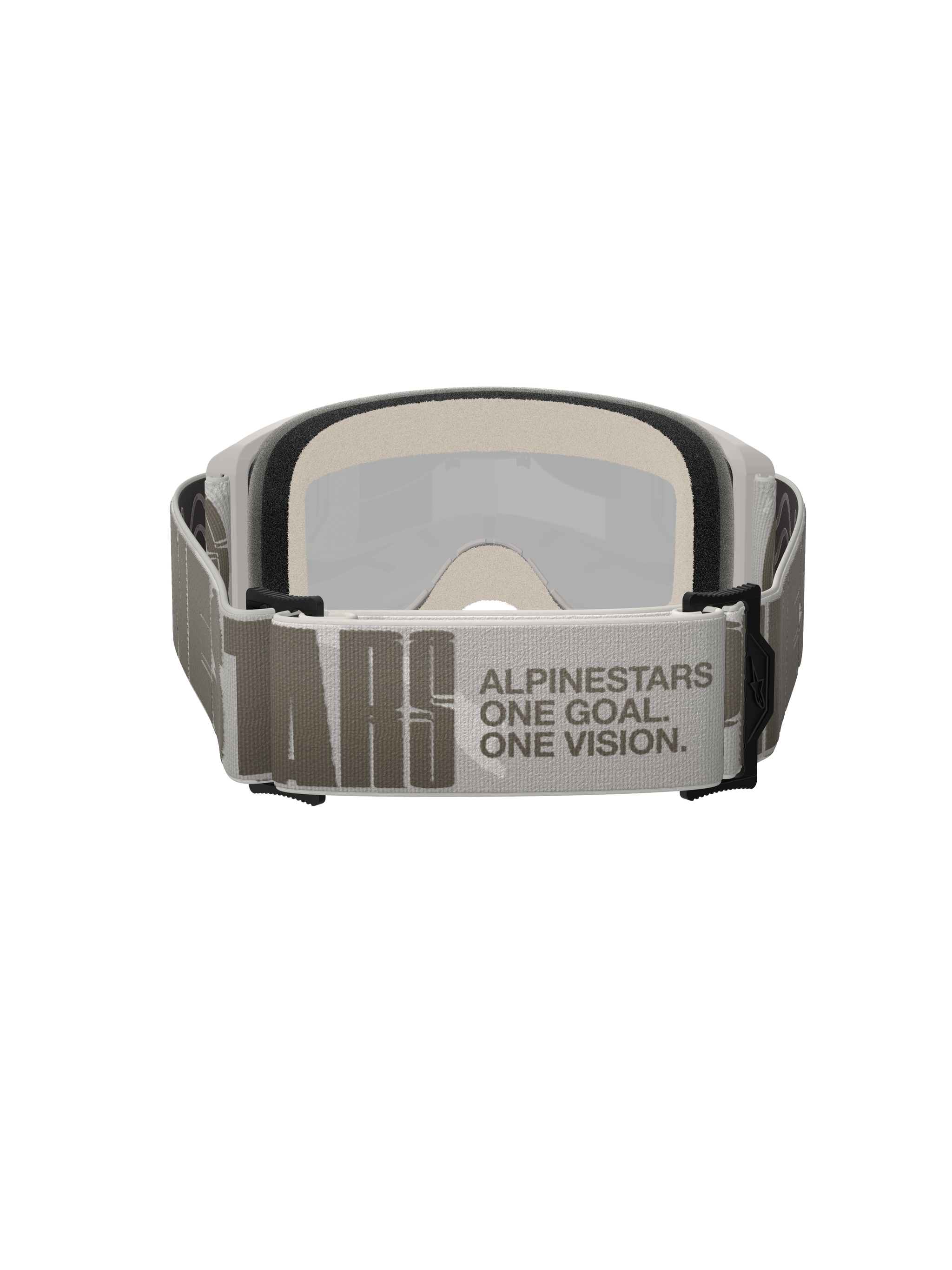 Alpinestars Vision 5 Hollow Goggles, occhiali da motocross, bianco e grigio chiaro, vista posteriore con ampia fascia intrecciata e marchio 'ALPINESTARS ONE GOAL. ONE VISION.', spessa schiuma facciale multistrato, occhiali da fuoristrada ad alte prestazioni