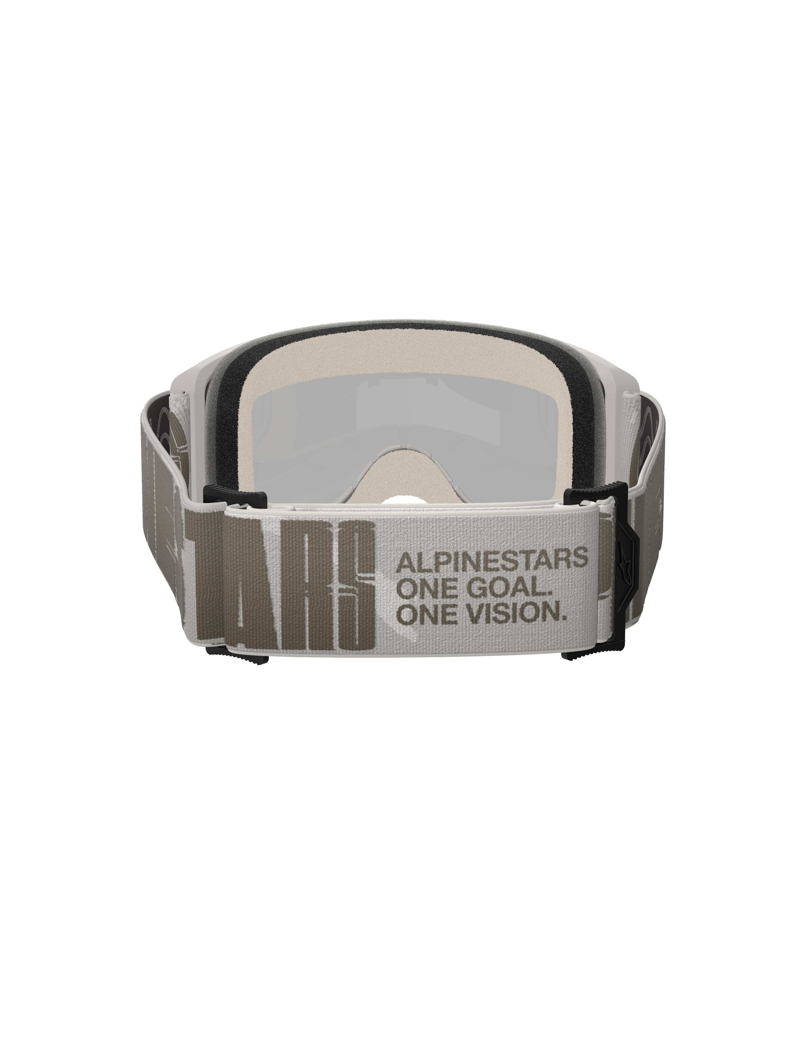 Alpinestars Vision 5 Hollow Goggles, occhiali da motocross, bianco e grigio chiaro, vista posteriore con ampia fascia intrecciata e marchio 'ALPINESTARS ONE GOAL. ONE VISION.', spessa schiuma facciale multistrato, occhiali da fuoristrada ad alte prestazioni