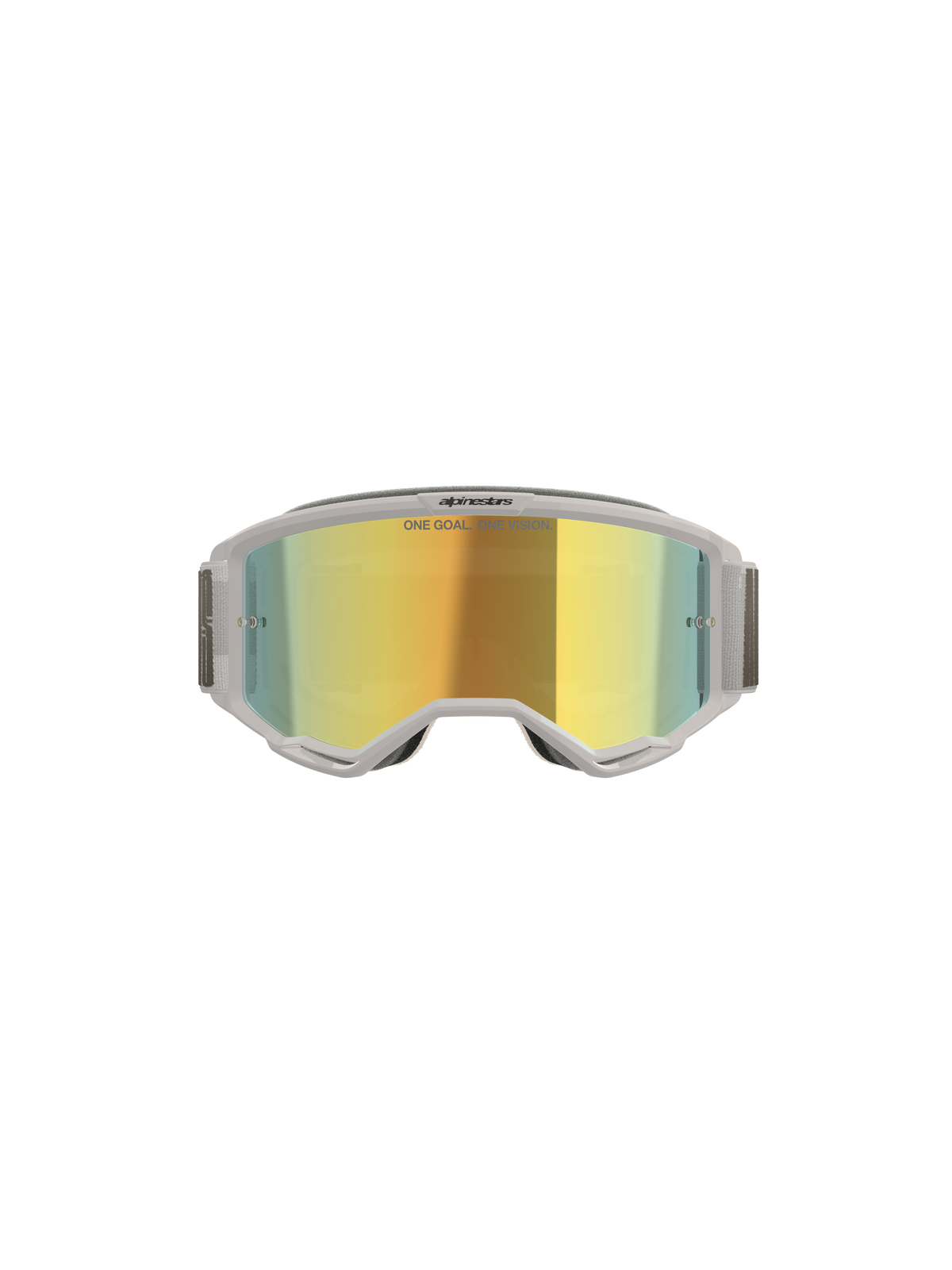 Alpinestars Vision 5 Hollow Goggles, occhiali da motocross, bianco e Wind Mirror Gold, vista frontale che mostra la lente specchiata in policarbonato, montatura e fascia flessibili grigio chiaro, protezione oculare premium per motocross e guida off-road