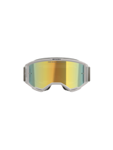 Alpinestars Vision 5 Hollow Goggles, occhiali da motocross, bianco e Wind Mirror Gold, vista frontale che mostra la lente specchiata in policarbonato, montatura e fascia flessibili grigio chiaro, protezione oculare premium per motocross e guida off-road