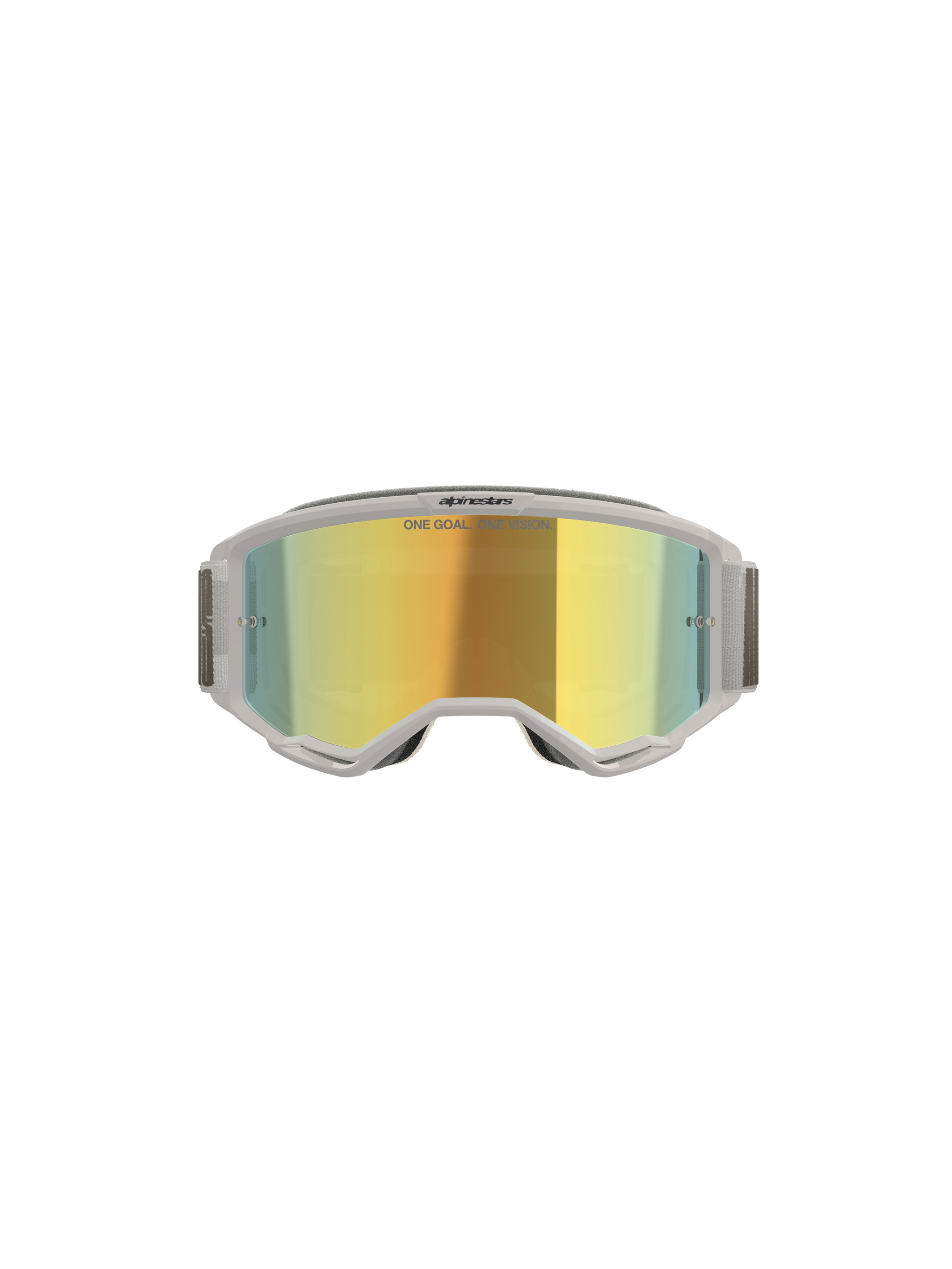 Alpinestars Vision 5 Hollow Goggles, occhiali da motocross, bianco e Wind Mirror Gold, vista frontale che mostra la lente specchiata in policarbonato, montatura e fascia flessibili grigio chiaro, protezione oculare premium per motocross e guida off-road