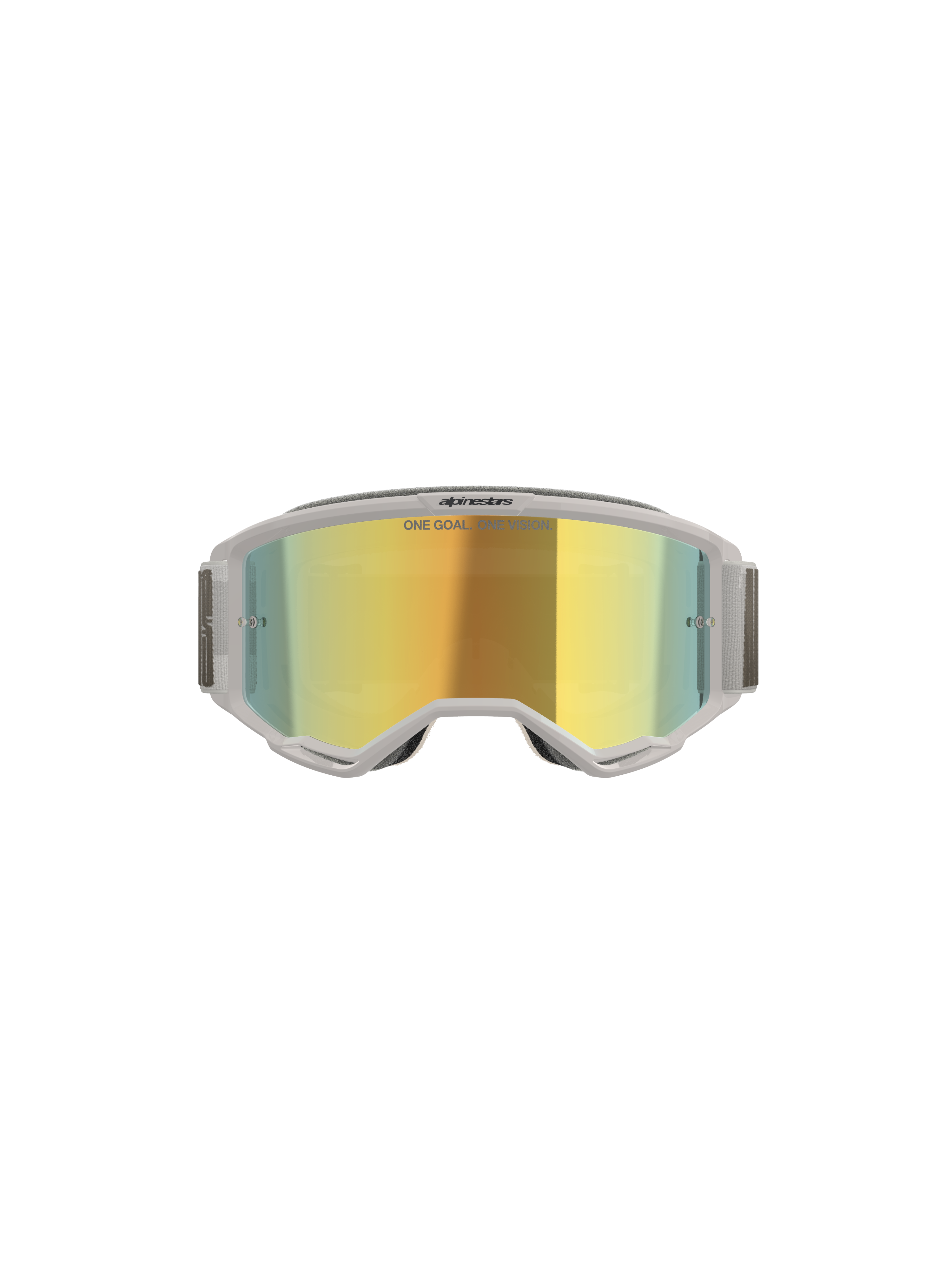 Alpinestars Vision 5 Hollow Goggles, occhiali da motocross, bianco e Wind Mirror Gold, vista frontale che mostra la lente specchiata in policarbonato, montatura e fascia flessibili grigio chiaro, protezione oculare premium per motocross e guida off-road