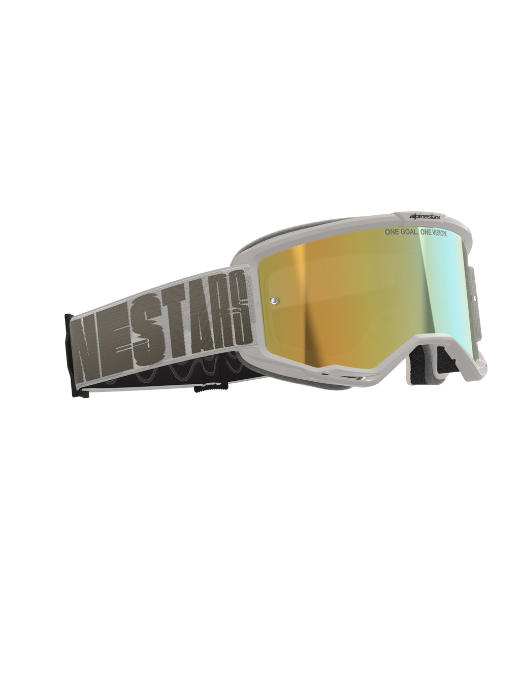 Alpinestars Vision 5 Hollow Goggles, maschera da motocross, montatura bianca con lente riflettente Wind Mirror Gold, fascia intrecciata grigia con tipografia Alpinestars in evidenza, scritta "One Goal. One Vision." sulla lente, occhiali professionali per corse off-road