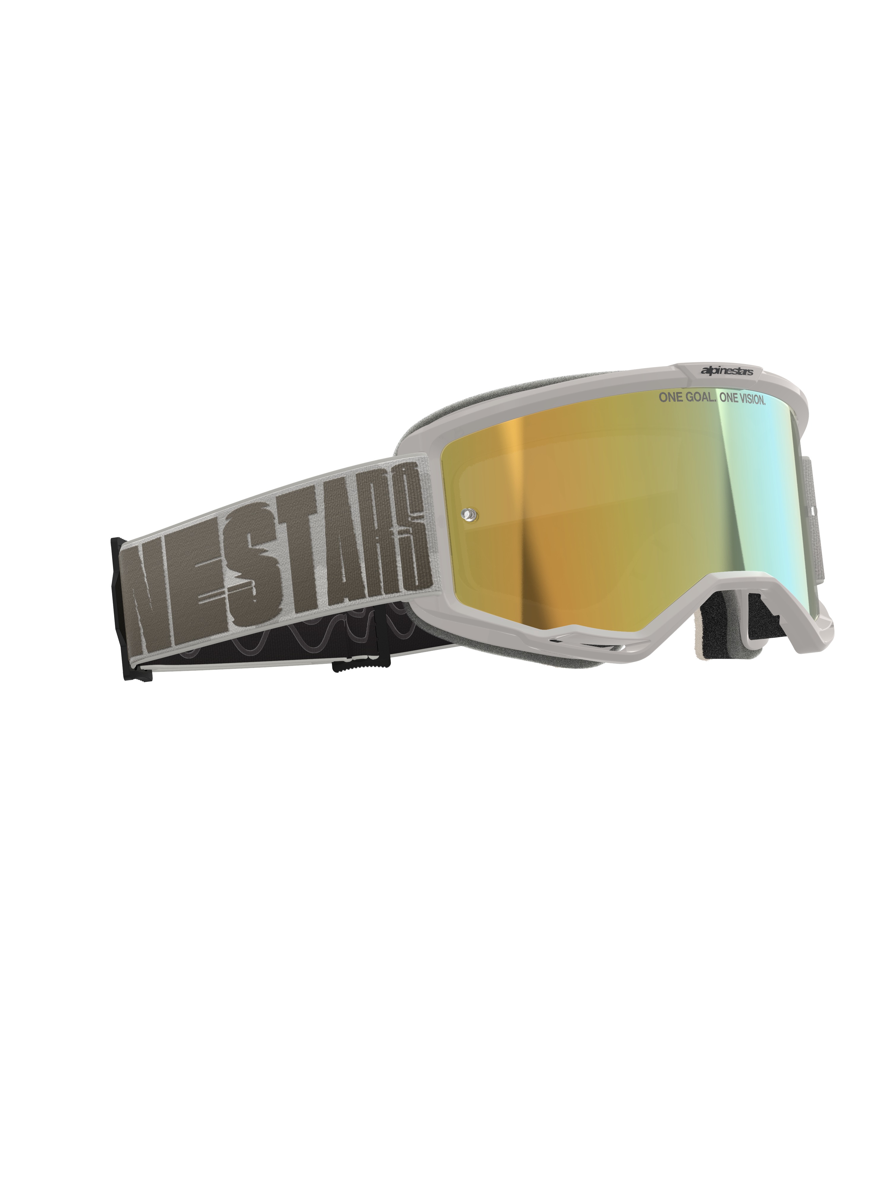 Alpinestars Vision 5 Hollow Goggles, maschera da motocross, montatura bianca con lente riflettente Wind Mirror Gold, fascia intrecciata grigia con tipografia Alpinestars in evidenza, scritta "One Goal. One Vision." sulla lente, occhiali professionali per corse off-road