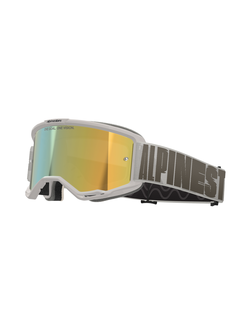 Occhiali Alpinestars Vision 5 Hollow, occhiali da motocross, montatura bianca con lente Wind Mirror Gold, fascia intrecciata grigia con logo Alpinestars, occhiali ad alte prestazioni per corse fuoristrada