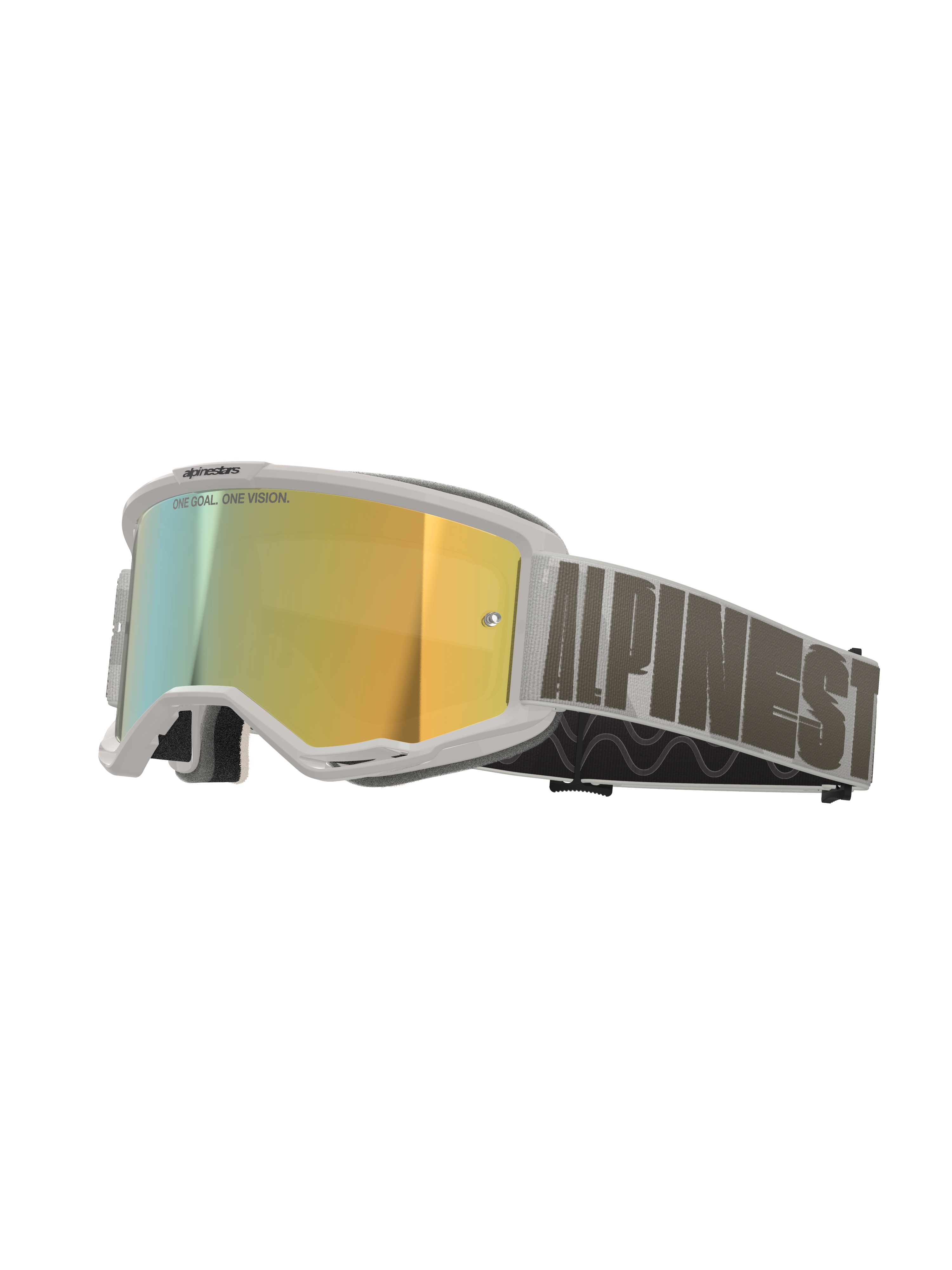 Occhiali Alpinestars Vision 5 Hollow, occhiali da motocross, montatura bianca con lente Wind Mirror Gold, fascia intrecciata grigia con logo Alpinestars, occhiali ad alte prestazioni per corse fuoristrada