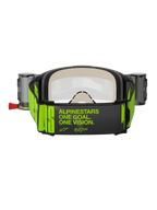 Alpinestars Vision 5 Hollow Goggles Roll Off, maschera da motocross, antracite e giallo fluo, vista posteriore dell'ampia fascia tessuta con lo slogan 'ALPINESTARS ONE GOAL. ONE VISION.' in giallo neon, spessa schiuma facciale multistrato, contenitori per il sistema roll-off