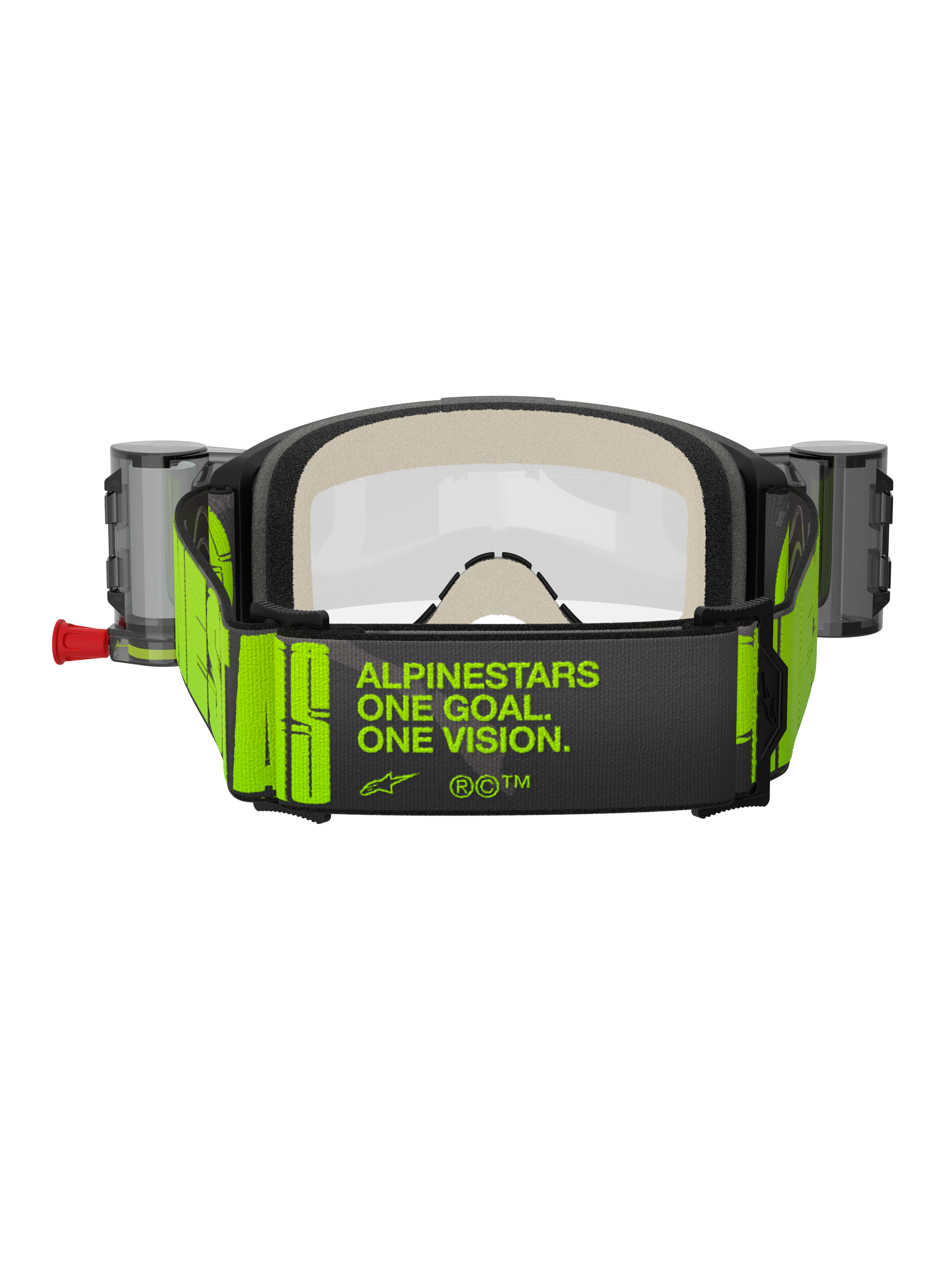 Alpinestars Vision 5 Hollow Goggles Roll Off, maschera da motocross, antracite e giallo fluo, vista posteriore dell'ampia fascia tessuta con lo slogan 'ALPINESTARS ONE GOAL. ONE VISION.' in giallo neon, spessa schiuma facciale multistrato, contenitori per il sistema roll-off