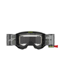 Alpinestars Vision 5 Hollow Goggles Roll Off, maschere da motocross, grigio antracite e giallo fluo, con sistema roll-off a lente trasparente e contenitori traslucidi, linguetta rossa, loghi bianchi e scritta "ONE GOAL. ONE VISION.", progettate per il fuoristrada