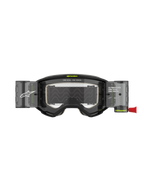 Alpinestars Vision 5 Hollow Goggles Roll Off, maschere da motocross, grigio antracite e giallo fluo, con sistema roll-off a lente trasparente e contenitori traslucidi, linguetta rossa, loghi bianchi e scritta "ONE GOAL. ONE VISION.", progettate per il fuoristrada