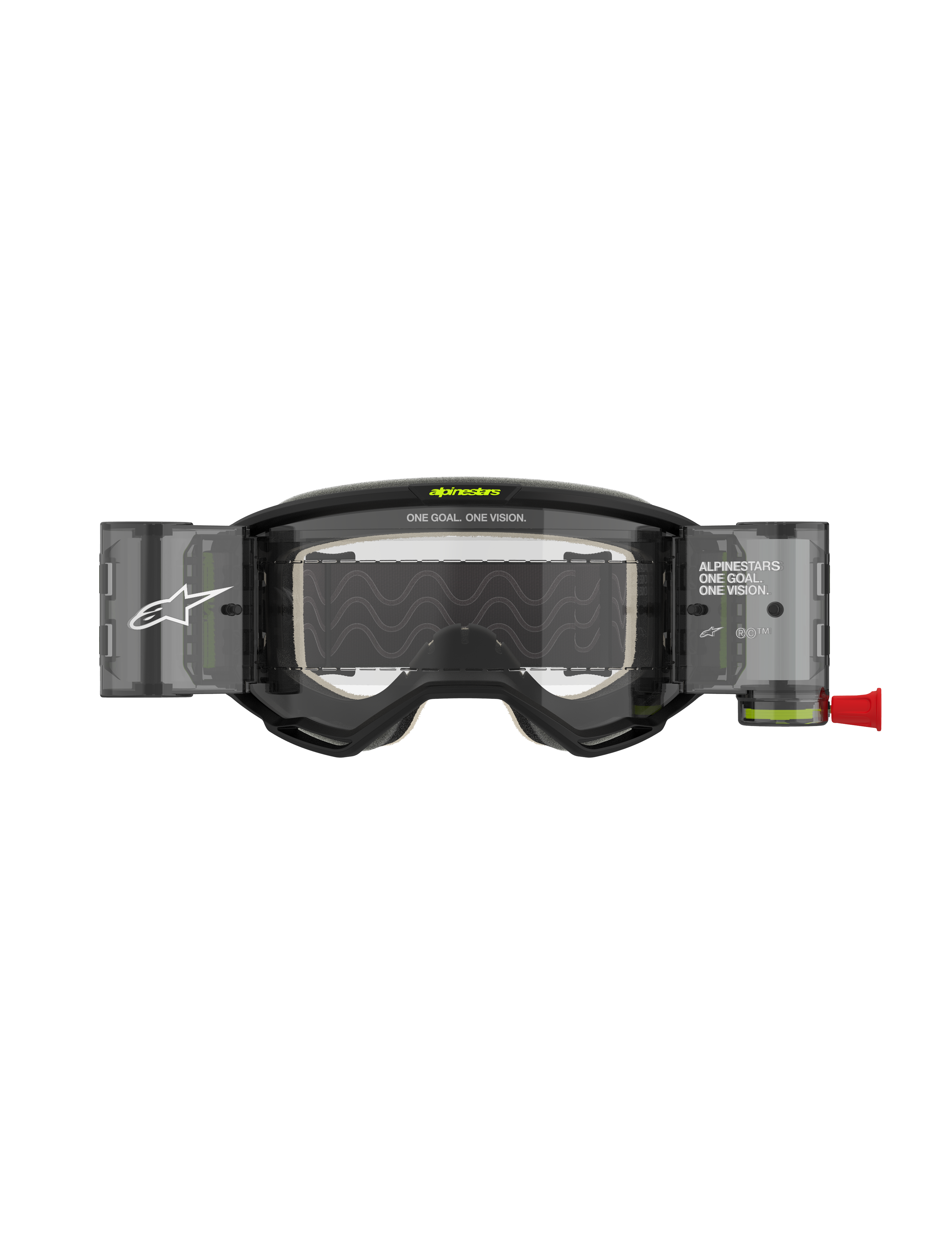 Alpinestars Vision 5 Hollow Goggles Roll Off, maschere da motocross, grigio antracite e giallo fluo, con sistema roll-off a lente trasparente e contenitori traslucidi, linguetta rossa, loghi bianchi e scritta "ONE GOAL. ONE VISION.", progettate per il fuoristrada