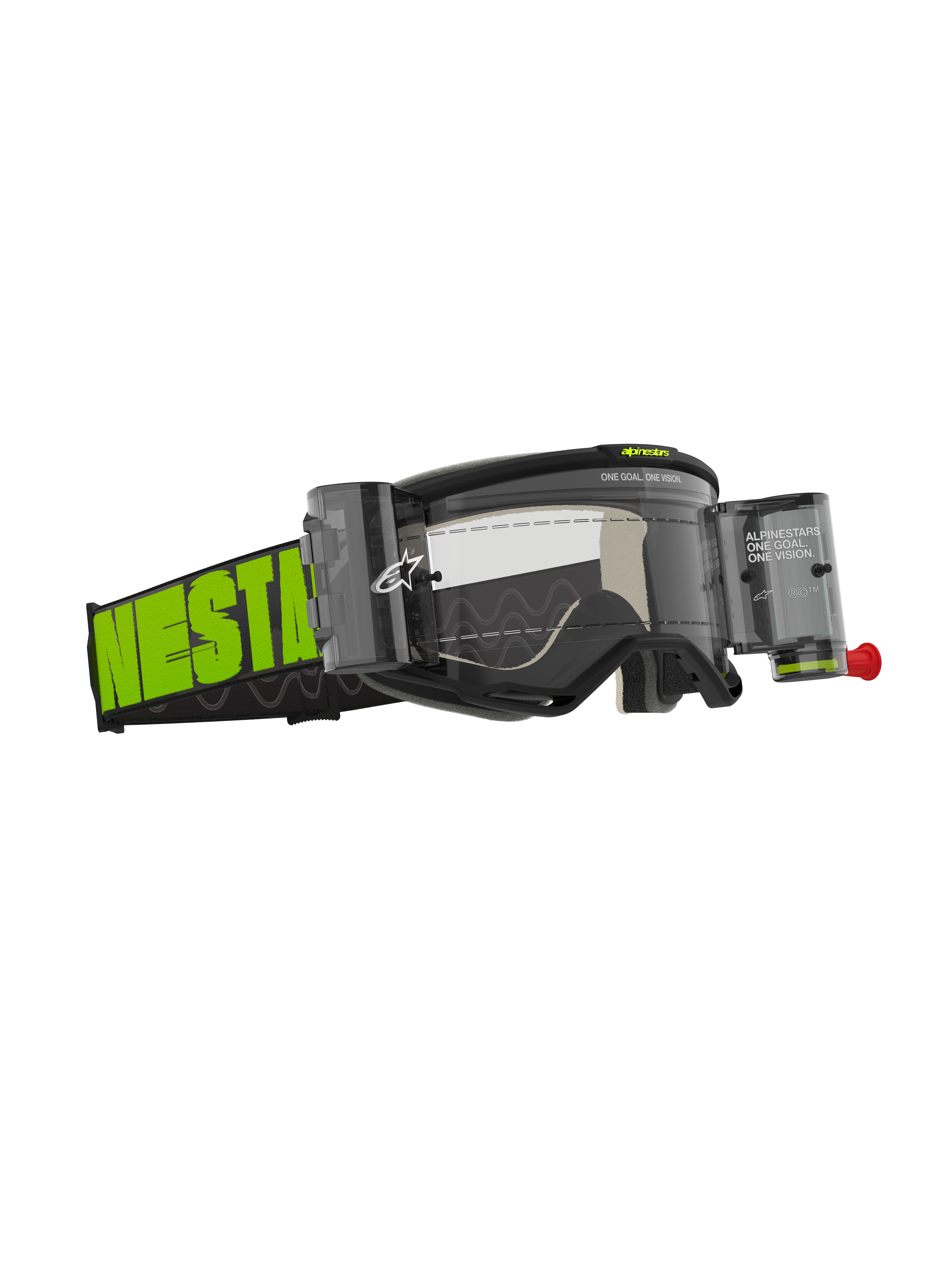 Maschere Alpinestars Vision 5 Hollow Roll Off, maschere da motocross, grigio antracite e giallo fluo, lente trasparente con contenitori roll-off integrati, ampia fascia tessuta con logo verde neon, telaio A-FLEX e schiuma facciale multistrato per prestazioni off-road.