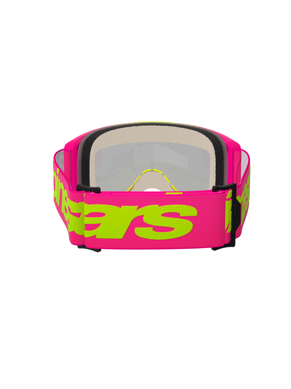 Alpinestars Vision 5 Wordmark Goggles, maschera da motocross, rosa e giallo fluo, vista posteriore con ampia fascia intrecciata rosa e scritta Alpinestars gialla, schiuma facciale multistrato e montatura leggera in uretano