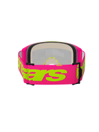 Alpinestars Vision 5 Wordmark Goggles, maschera da motocross, rosa e giallo fluo, vista posteriore con ampia fascia intrecciata rosa e scritta Alpinestars gialla, schiuma facciale multistrato e montatura leggera in uretano