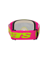 Alpinestars Vision 5 Wordmark Goggles, maschera da motocross, rosa e giallo fluo, vista posteriore con ampia fascia intrecciata rosa e scritta Alpinestars gialla, schiuma facciale multistrato e montatura leggera in uretano