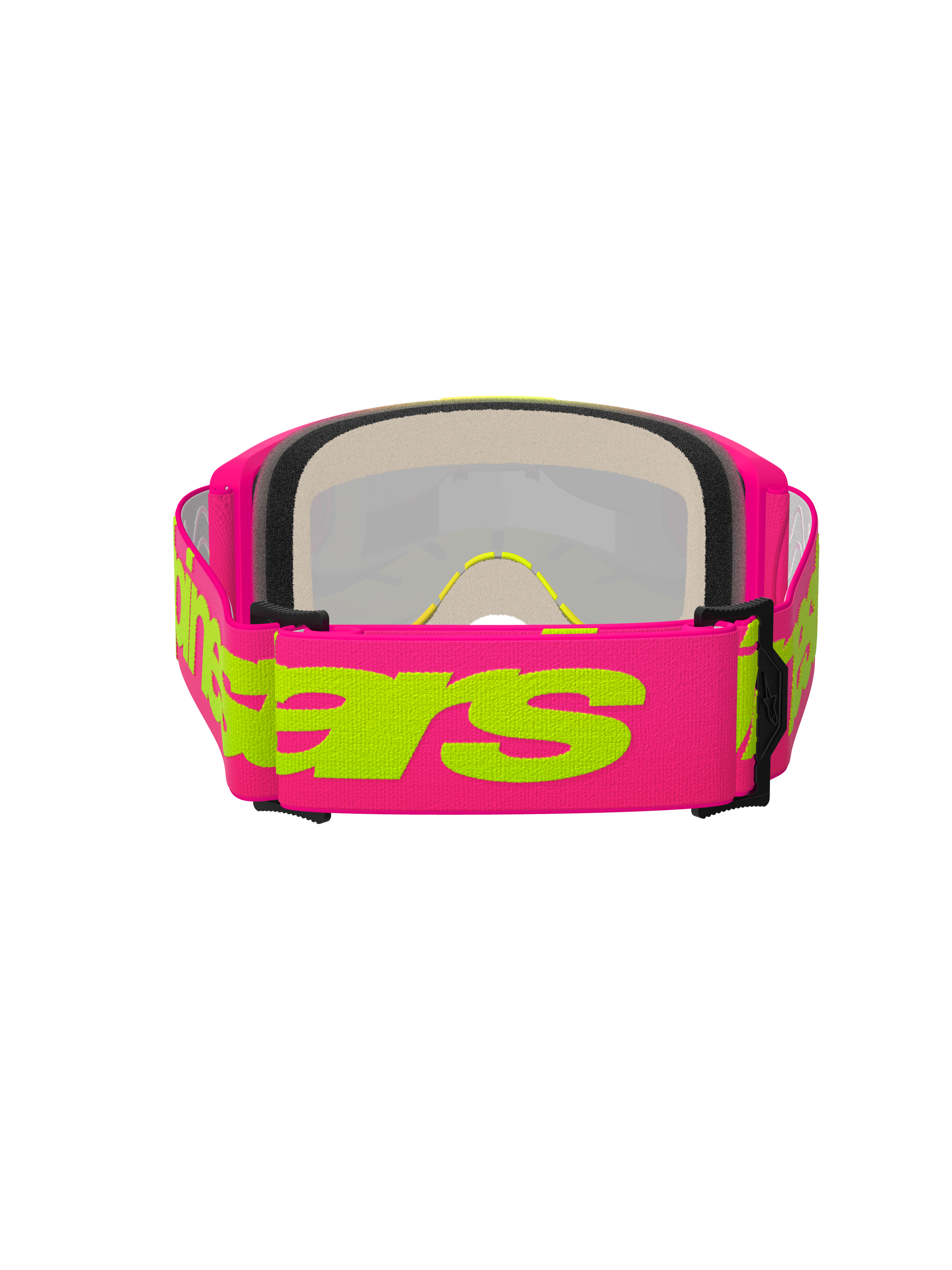 Alpinestars Vision 5 Wordmark Goggles, maschera da motocross, rosa e giallo fluo, vista posteriore con ampia fascia intrecciata rosa e scritta Alpinestars gialla, schiuma facciale multistrato e montatura leggera in uretano