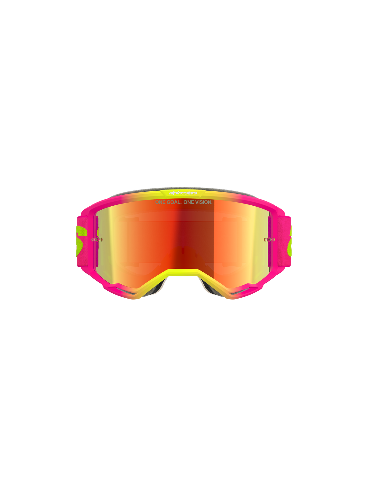 Alpinestars Vision 5 Wordmark Goggles, occhiali da motocross, montatura rosa e giallo fluo con lente rossa specchiata, con logo in evidenza e scritta "One Goal. One Vision." sulla lente, occhiali per il fuoristrada ad alte prestazioni