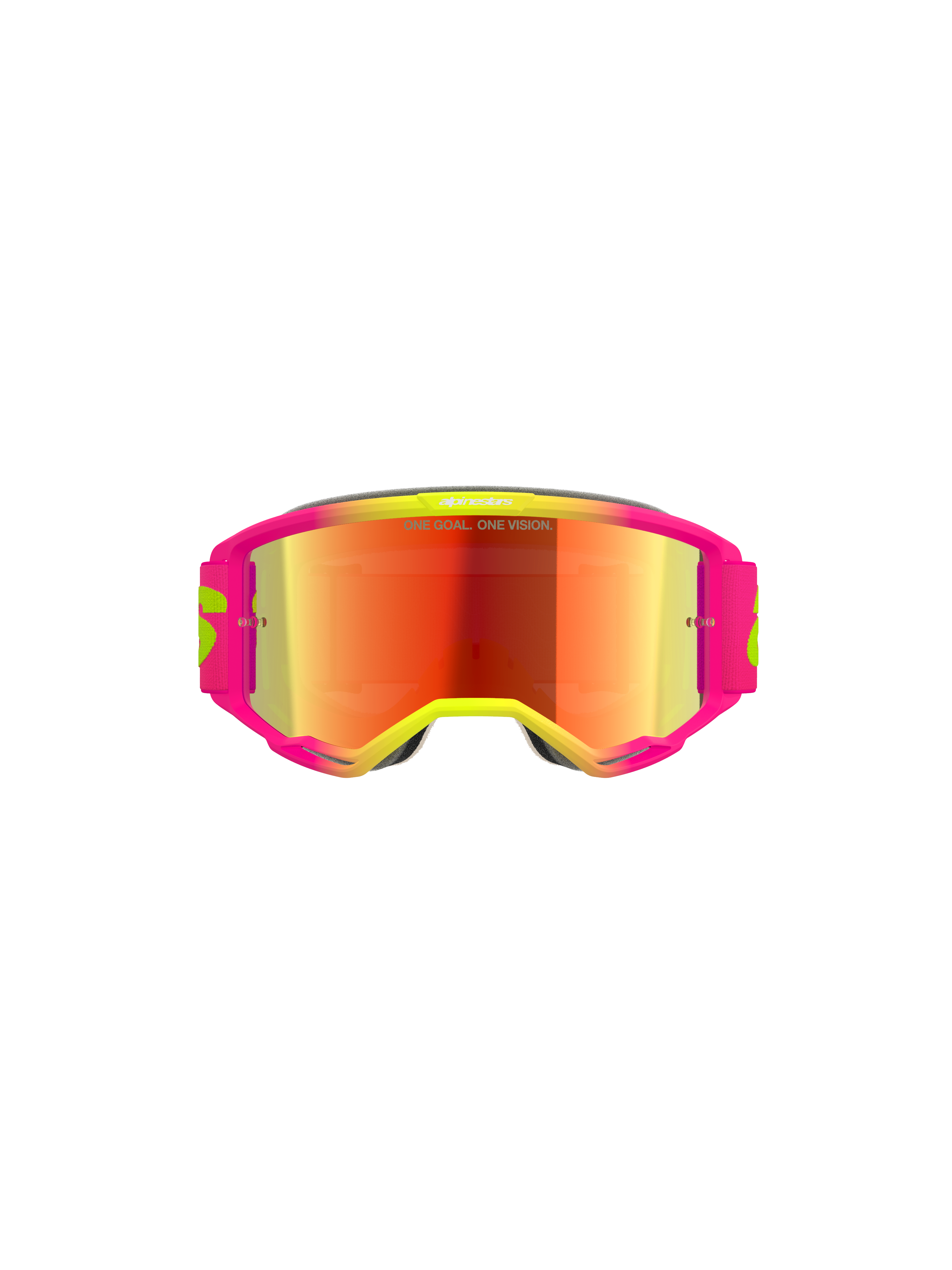 Alpinestars Vision 5 Wordmark Goggles, occhiali da motocross, montatura rosa e giallo fluo con lente rossa specchiata, con logo in evidenza e scritta "One Goal. One Vision." sulla lente, occhiali per il fuoristrada ad alte prestazioni