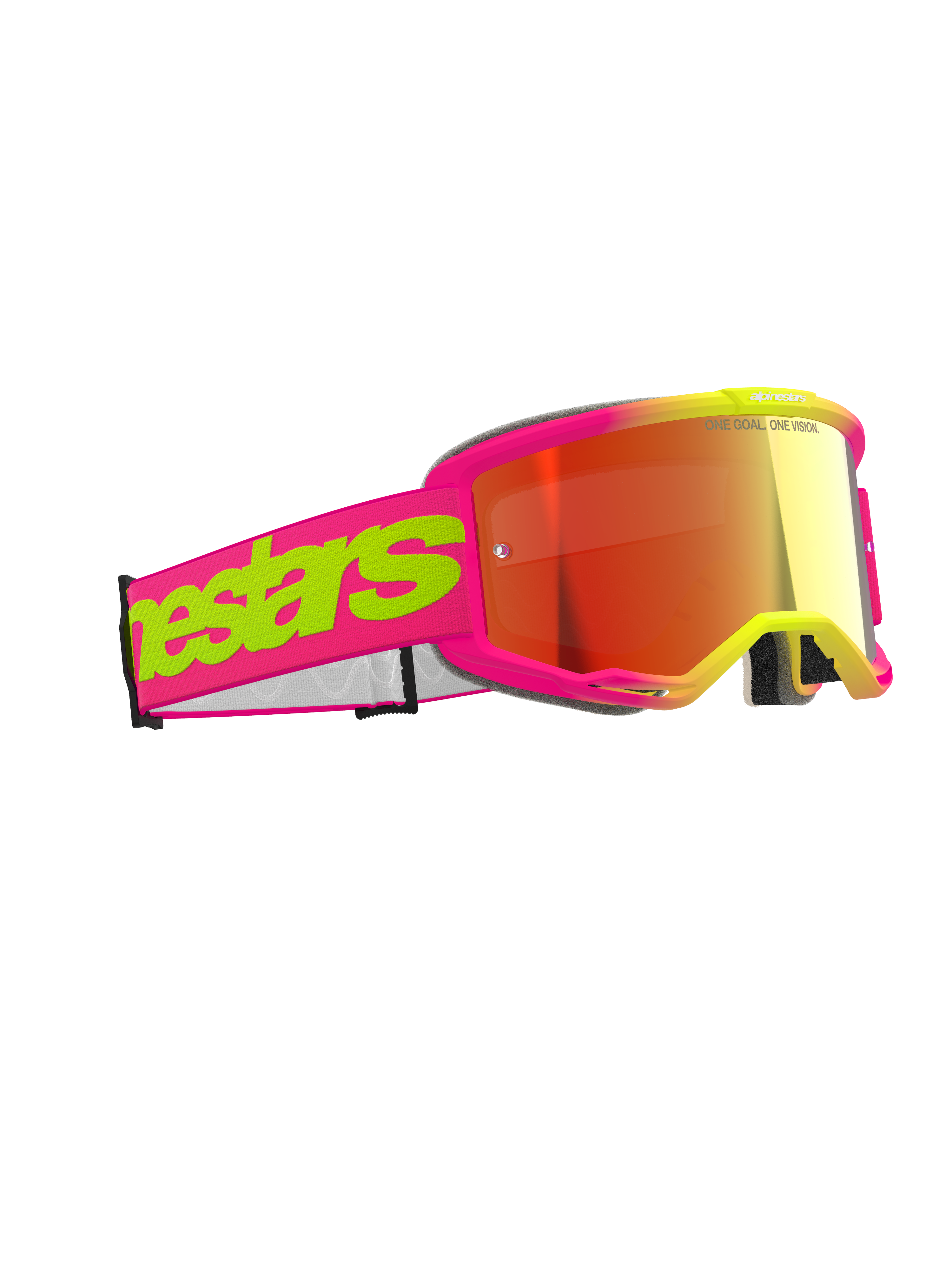 Maschera Alpinestars Vision 5 Wordmark, maschera da motocross, rosa e giallo fluorescente con lente a specchio rossa, wordmark audace sulla fascia, montatura flessibile, protezione oculare ad alte prestazioni per corse fuoristrada