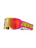 Alpinestars Vision 5 Wordmark Goggles, maschera da motocross, rosa fluo e giallo, lente rossa a specchio, ampia fascia rosa con scritta verde lime audace, design sportivo per gare fuoristrada