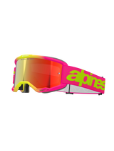 Alpinestars Vision 5 Wordmark Goggles, maschera da motocross, rosa fluo e giallo, lente rossa a specchio, ampia fascia rosa con scritta verde lime audace, design sportivo per gare fuoristrada
