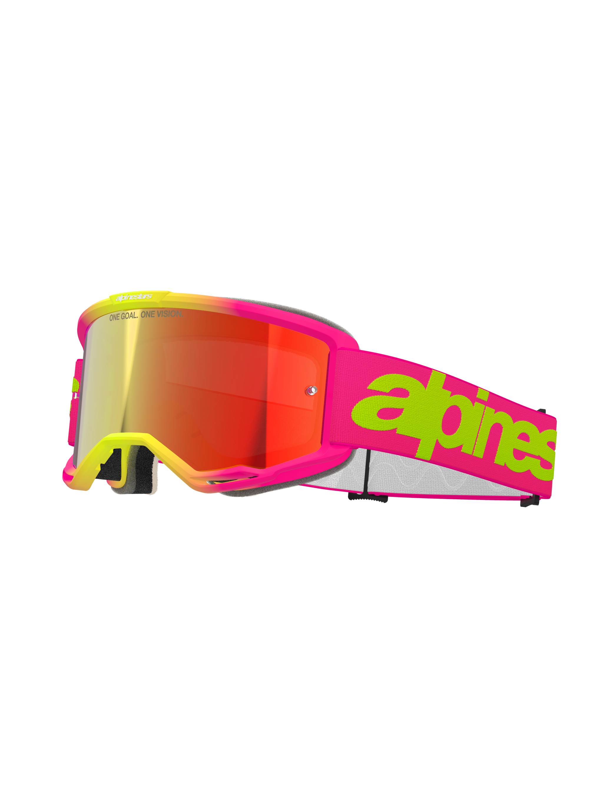 Alpinestars Vision 5 Wordmark Goggles, maschera da motocross, rosa fluo e giallo, lente rossa a specchio, ampia fascia rosa con scritta verde lime audace, design sportivo per gare fuoristrada