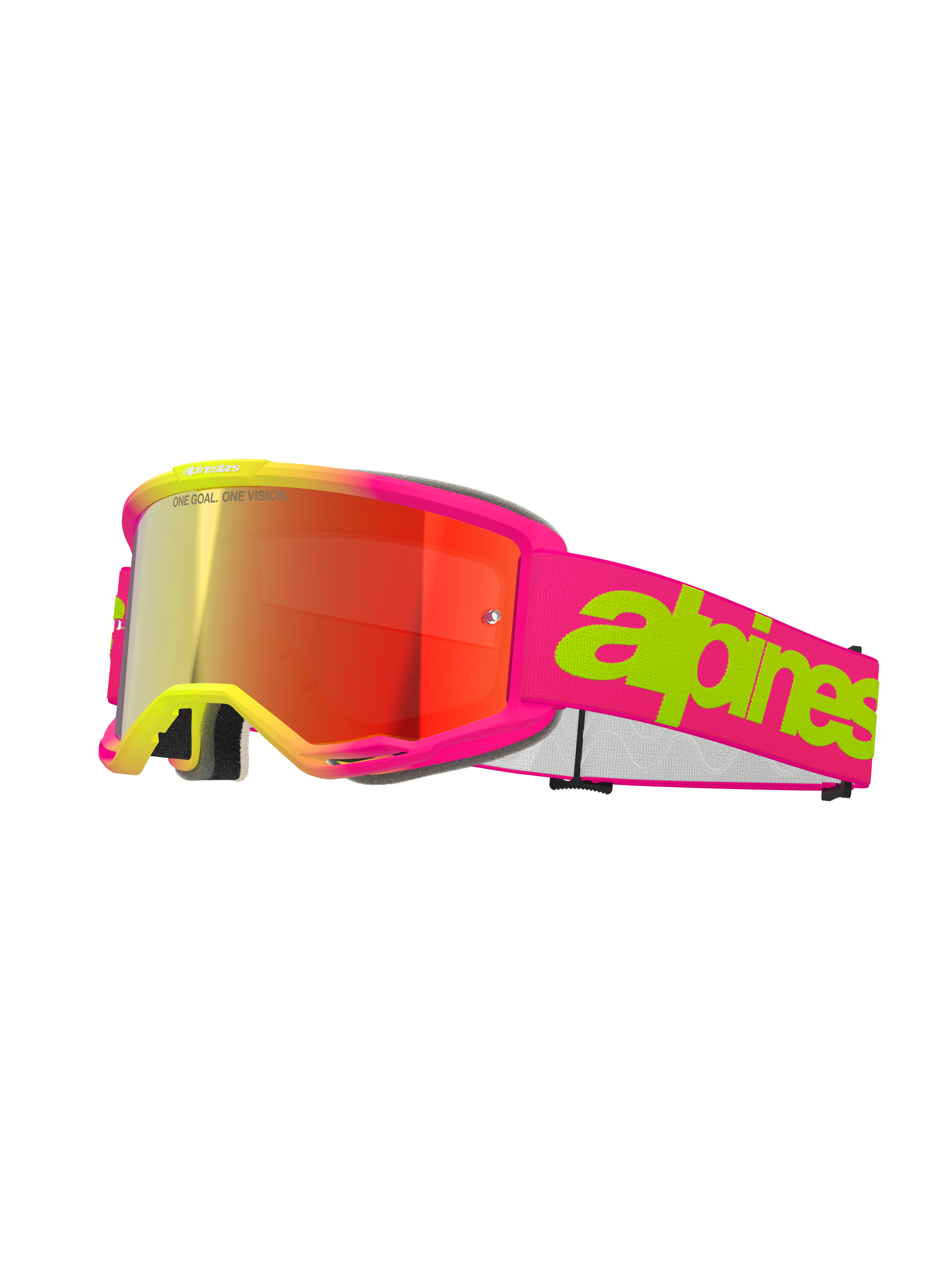 Alpinestars Vision 5 Wordmark Goggles, maschera da motocross, rosa fluo e giallo, lente rossa a specchio, ampia fascia rosa con scritta verde lime audace, design sportivo per gare fuoristrada