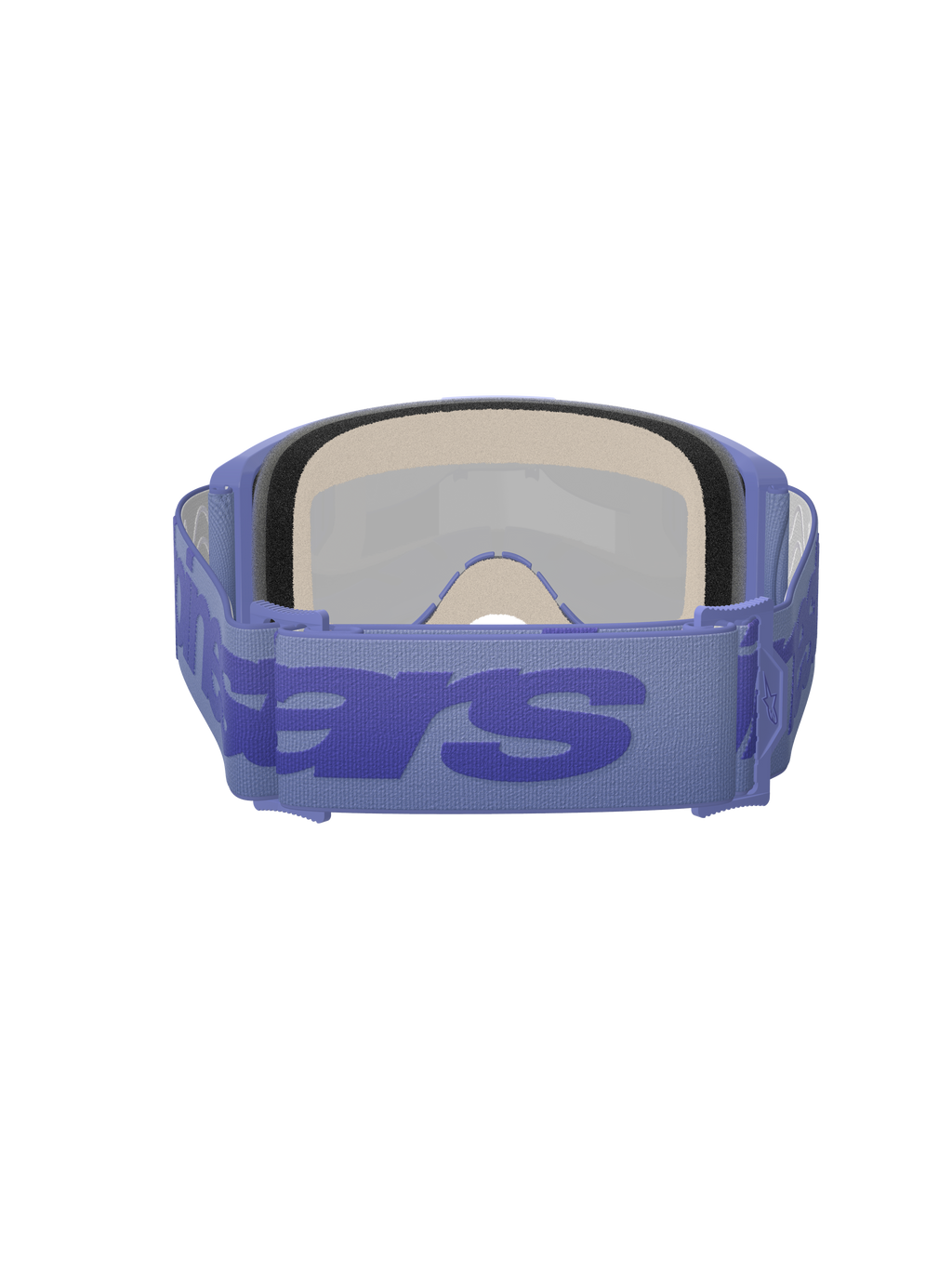 Alpinestars Vision 5 Wordmark Goggles, occhiali da motocross, Purple Mirror Blue, vista posteriore con spessa spugna facciale multistrato e fascia viola regolabile con grande logo wordmark blu, occhiali protettivi ad alte prestazioni per gare fuoristrada