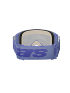 Alpinestars Vision 5 Wordmark Goggles, occhiali da motocross, Purple Mirror Blue, vista posteriore con spessa spugna facciale multistrato e fascia viola regolabile con grande logo wordmark blu, occhiali protettivi ad alte prestazioni per gare fuoristrada