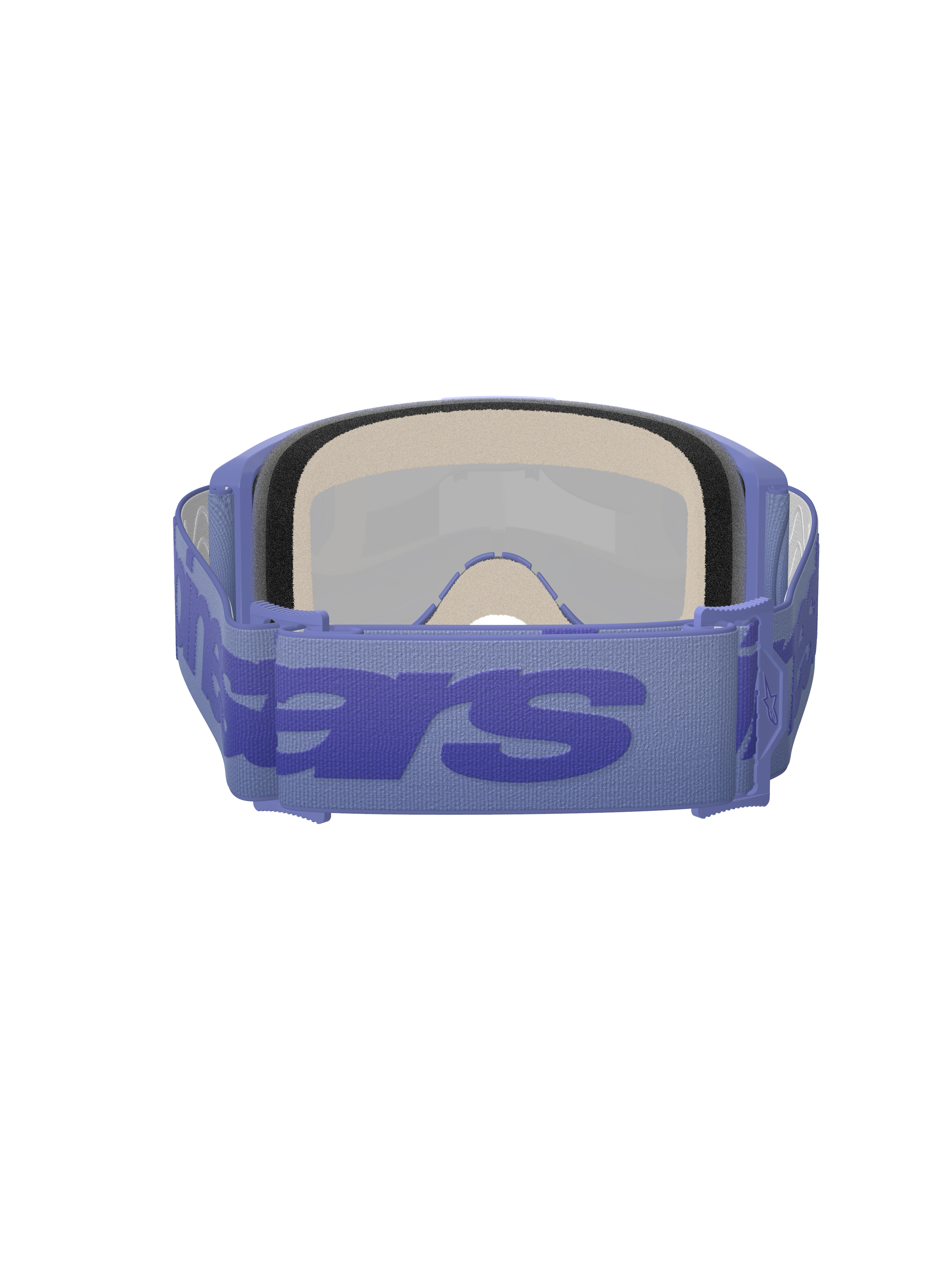 Alpinestars Vision 5 Wordmark Goggles, occhiali da motocross, Purple Mirror Blue, vista posteriore con spessa spugna facciale multistrato e fascia viola regolabile con grande logo wordmark blu, occhiali protettivi ad alte prestazioni per gare fuoristrada
