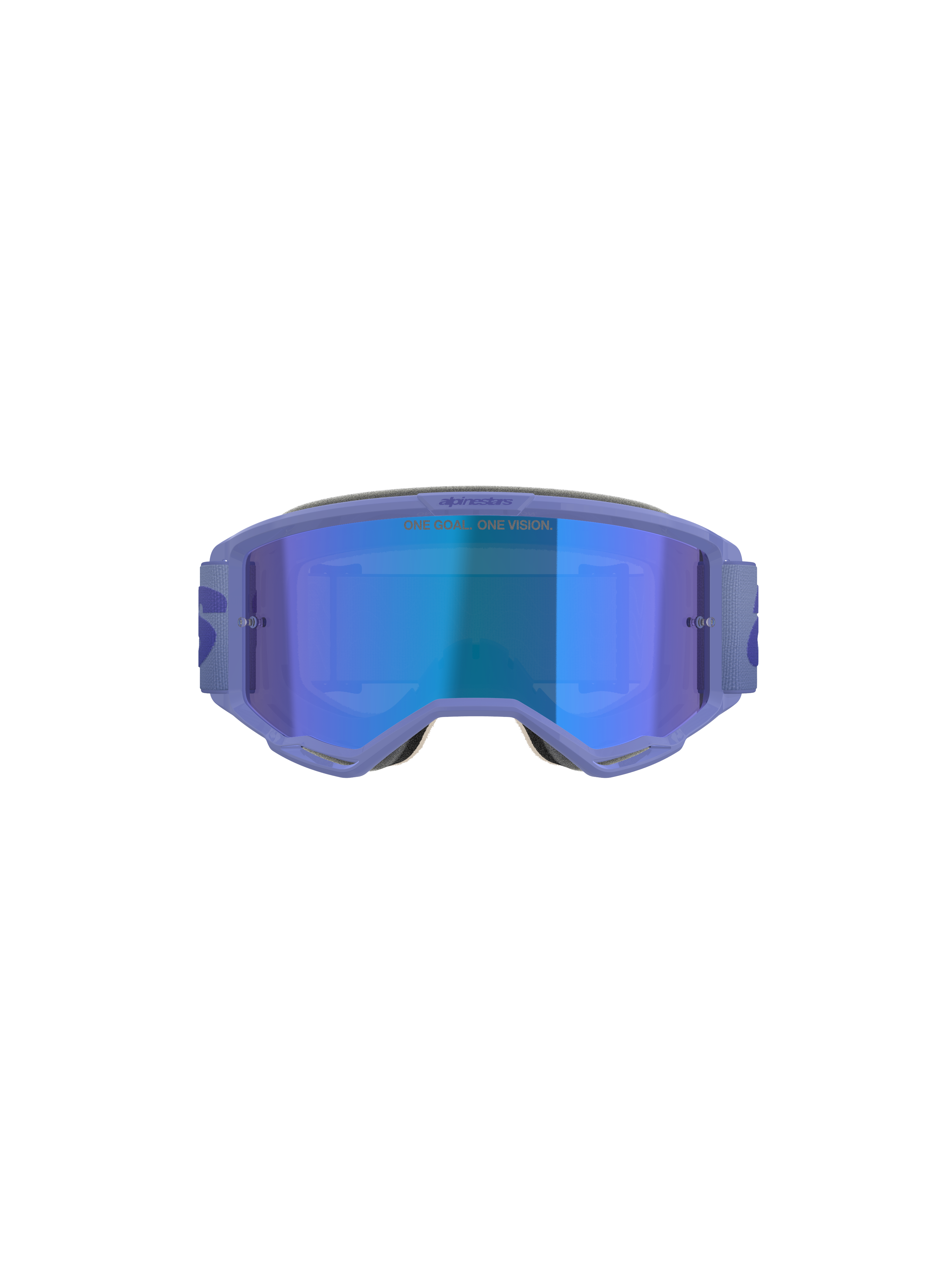 Occhiali Alpinestars Vision 5 Wordmark, occhiali da motocross, viola con lente specchiata blu, vista frontale con ampio campo visivo, fascia regolabile e branding evidente