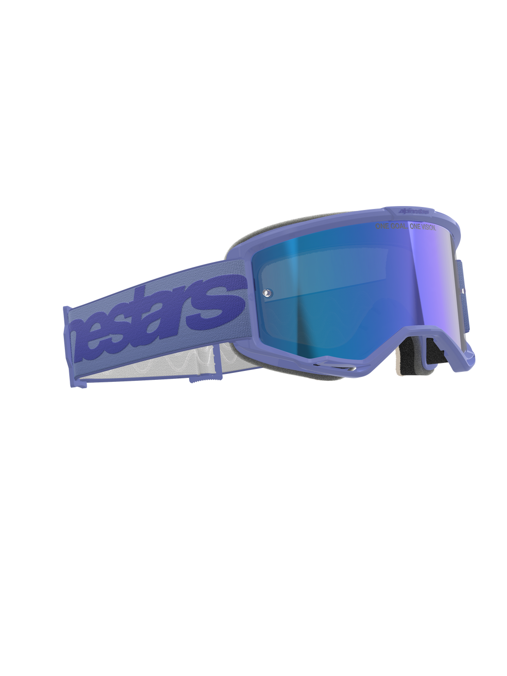 Occhiali Alpinestars Vision 5 Wordmark, occhiali da motocross, Purple Mirror Blue, montatura viola con lente blu specchiata, ampia fascia viola con marchio Alpinestars, design ergonomico per corse fuoristrada