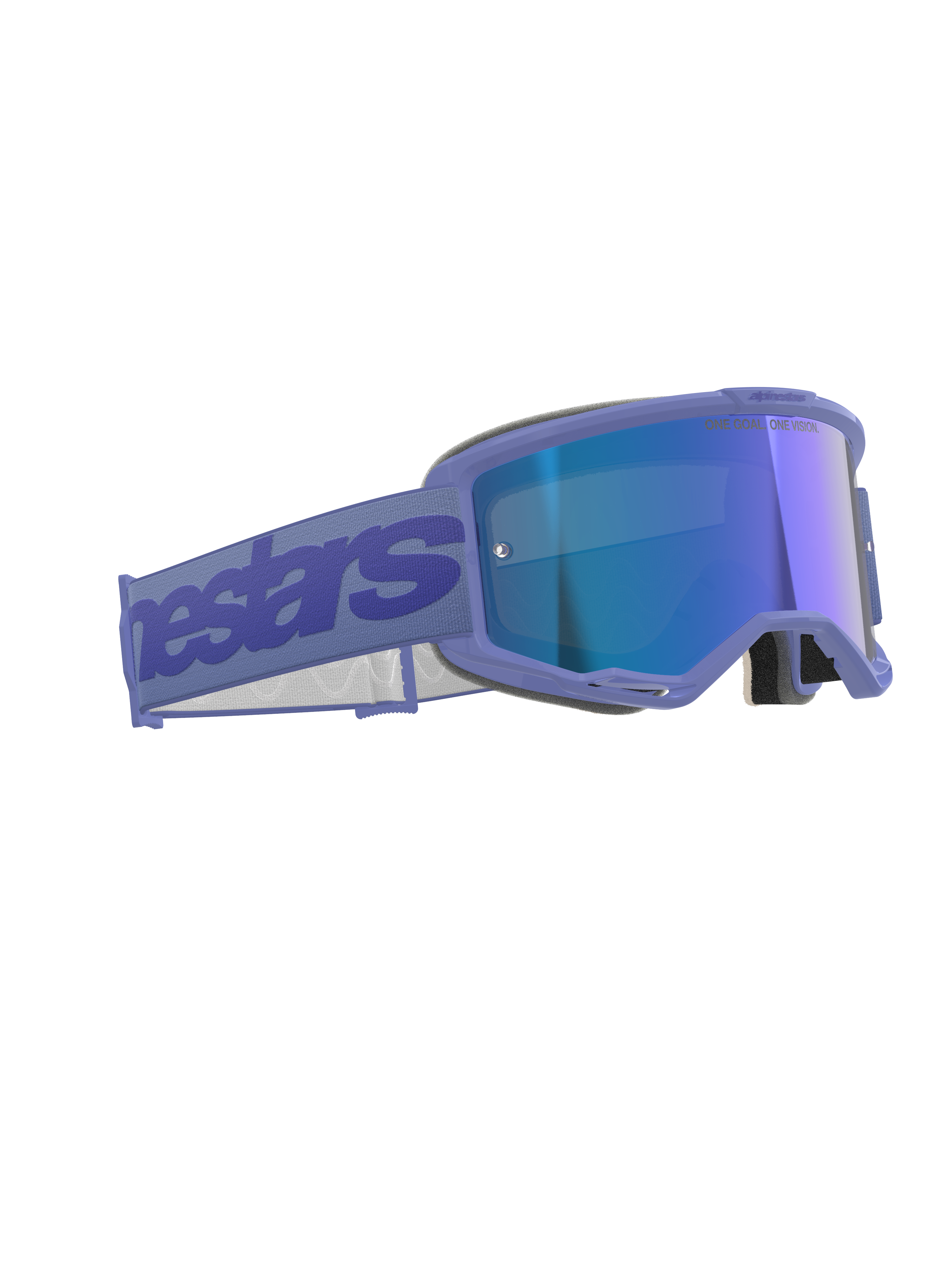 Occhiali Alpinestars Vision 5 Wordmark, occhiali da motocross, Purple Mirror Blue, montatura viola con lente blu specchiata, ampia fascia viola con marchio Alpinestars, design ergonomico per corse fuoristrada