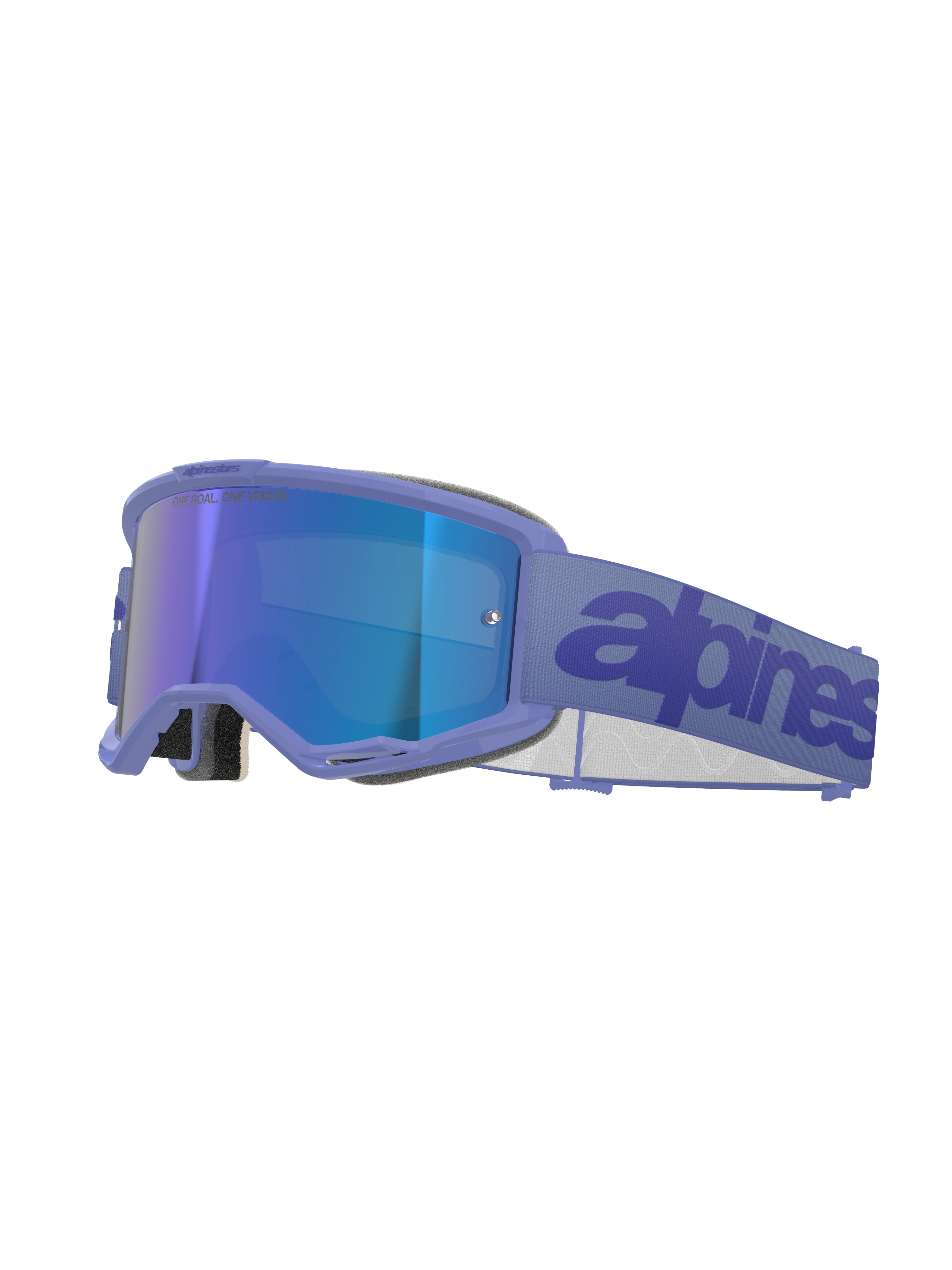 Occhiali Alpinestars Vision 5 Wordmark, occhiali da motocross, Purple Mirror Blue, con montatura viola e lente blu a specchio, ampia fascia intrecciata viola con logo wordmark blu scuro, protezione oculare professionale per il fuoristrada.