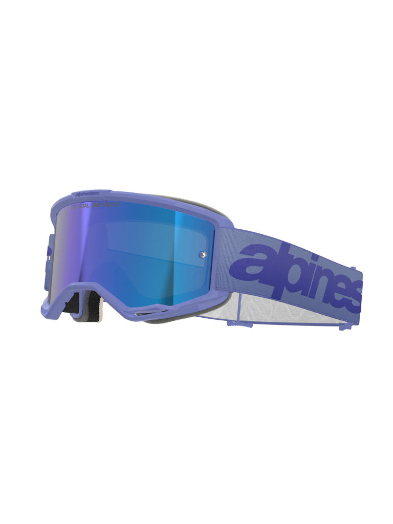 Occhiali Alpinestars Vision 5 Wordmark, occhiali da motocross, Purple Mirror Blue, con montatura viola e lente blu a specchio, ampia fascia intrecciata viola con logo wordmark blu scuro, protezione oculare professionale per il fuoristrada.