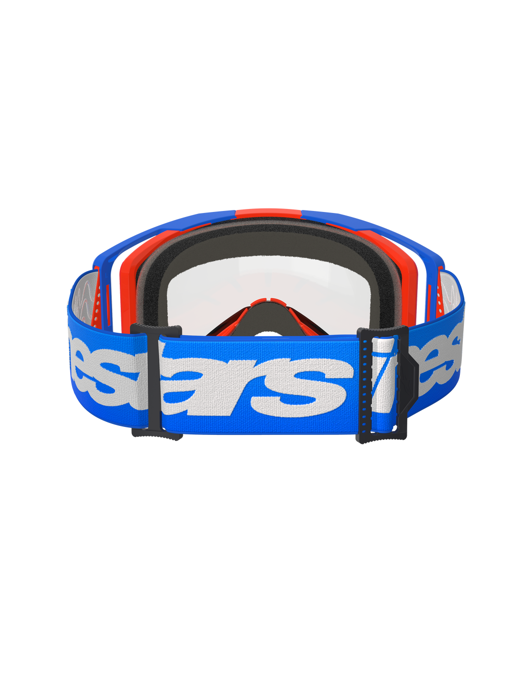 Maschera Alpinestars Vision 8 Wordmark Dual Pane, maschera da motocross, blu, arancione e trasparente, vista posteriore con ampia fascia blu e logo Alpinestars bianco, imbottitura facciale multistrato nera e doppia lente trasparente