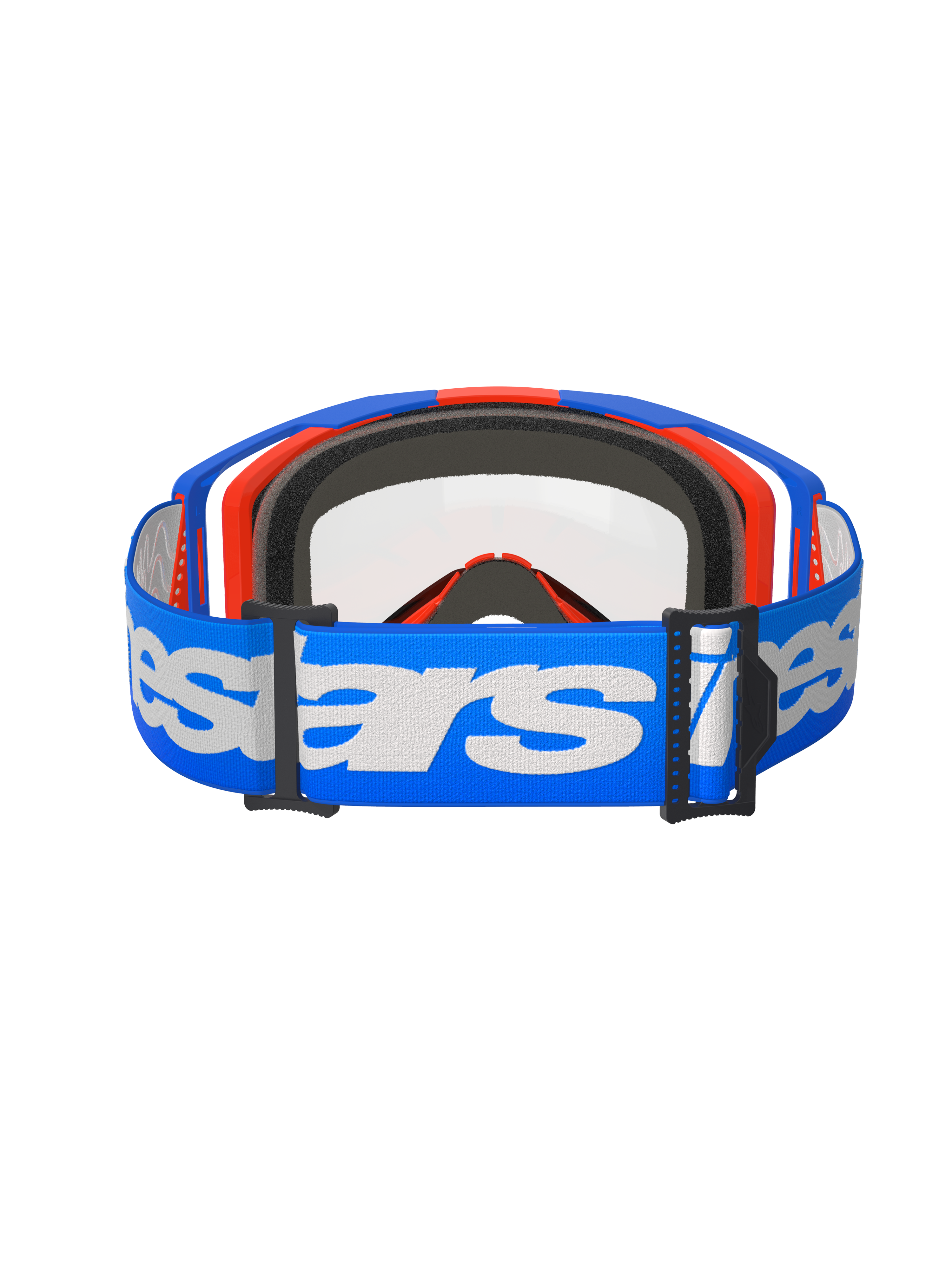 Maschera Alpinestars Vision 8 Wordmark Dual Pane, maschera da motocross, blu, arancione e trasparente, vista posteriore con ampia fascia blu e logo Alpinestars bianco, imbottitura facciale multistrato nera e doppia lente trasparente