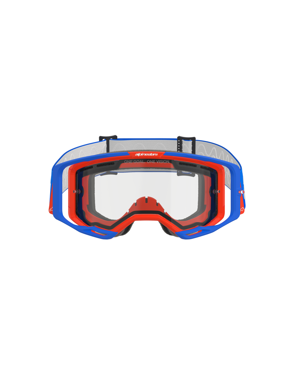 Maschere Alpinestars Vision 8 Wordmark Dual Pane, occhiali da motocross, blu e arancione con lente trasparente, vista frontale che mostra il telaio A-FLEX e la lente a doppia lastra, slogan 'ONE GOAL. ONE VISION.' sul bordo superiore, equipaggiamento per corse fuoristrada ad alte prestazioni