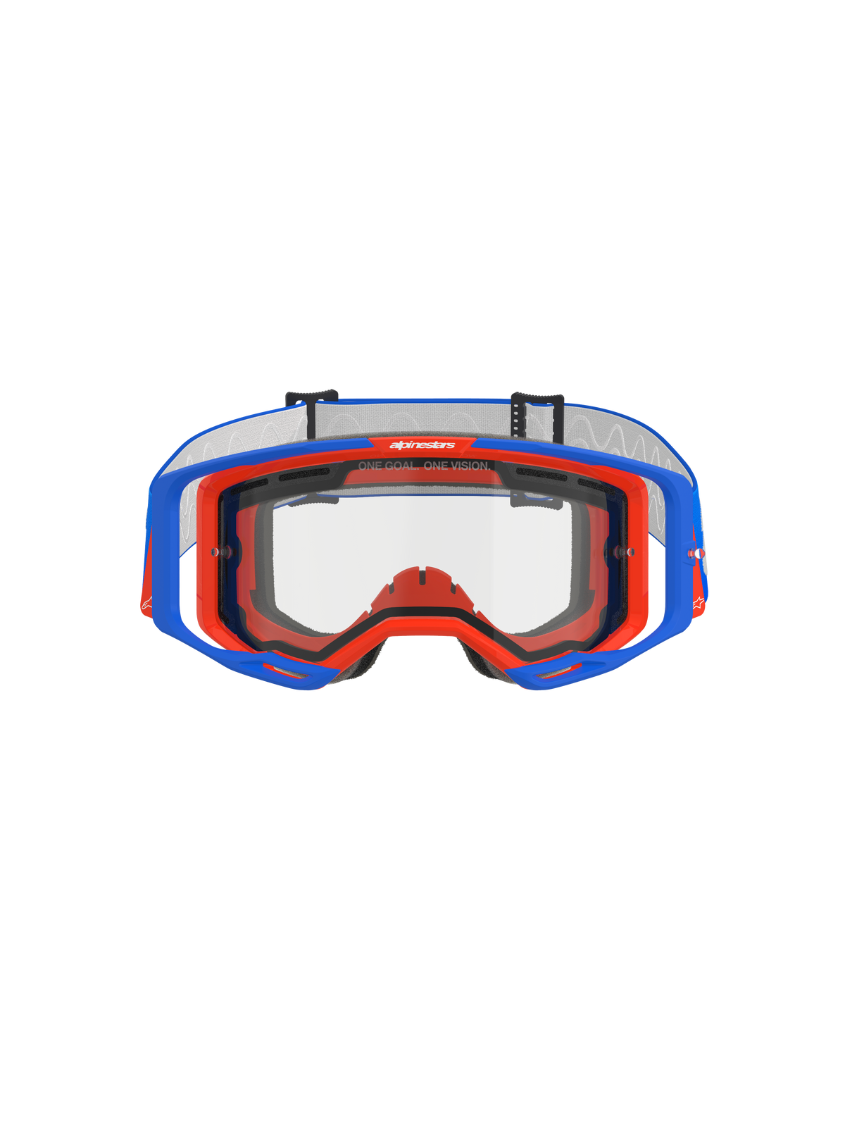 Maschere Alpinestars Vision 8 Wordmark Dual Pane, occhiali da motocross, blu e arancione con lente trasparente, vista frontale che mostra il telaio A-FLEX e la lente a doppia lastra, slogan 'ONE GOAL. ONE VISION.' sul bordo superiore, equipaggiamento per corse fuoristrada ad alte prestazioni