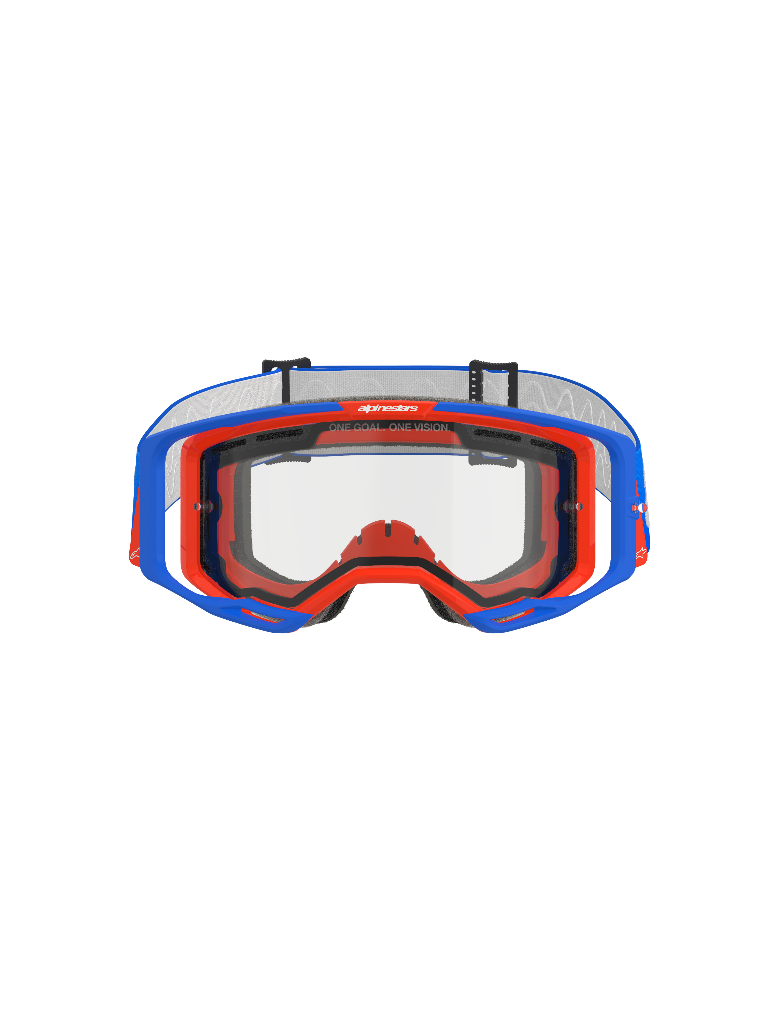 Maschere Alpinestars Vision 8 Wordmark Dual Pane, occhiali da motocross, blu e arancione con lente trasparente, vista frontale che mostra il telaio A-FLEX e la lente a doppia lastra, slogan 'ONE GOAL. ONE VISION.' sul bordo superiore, equipaggiamento per corse fuoristrada ad alte prestazioni