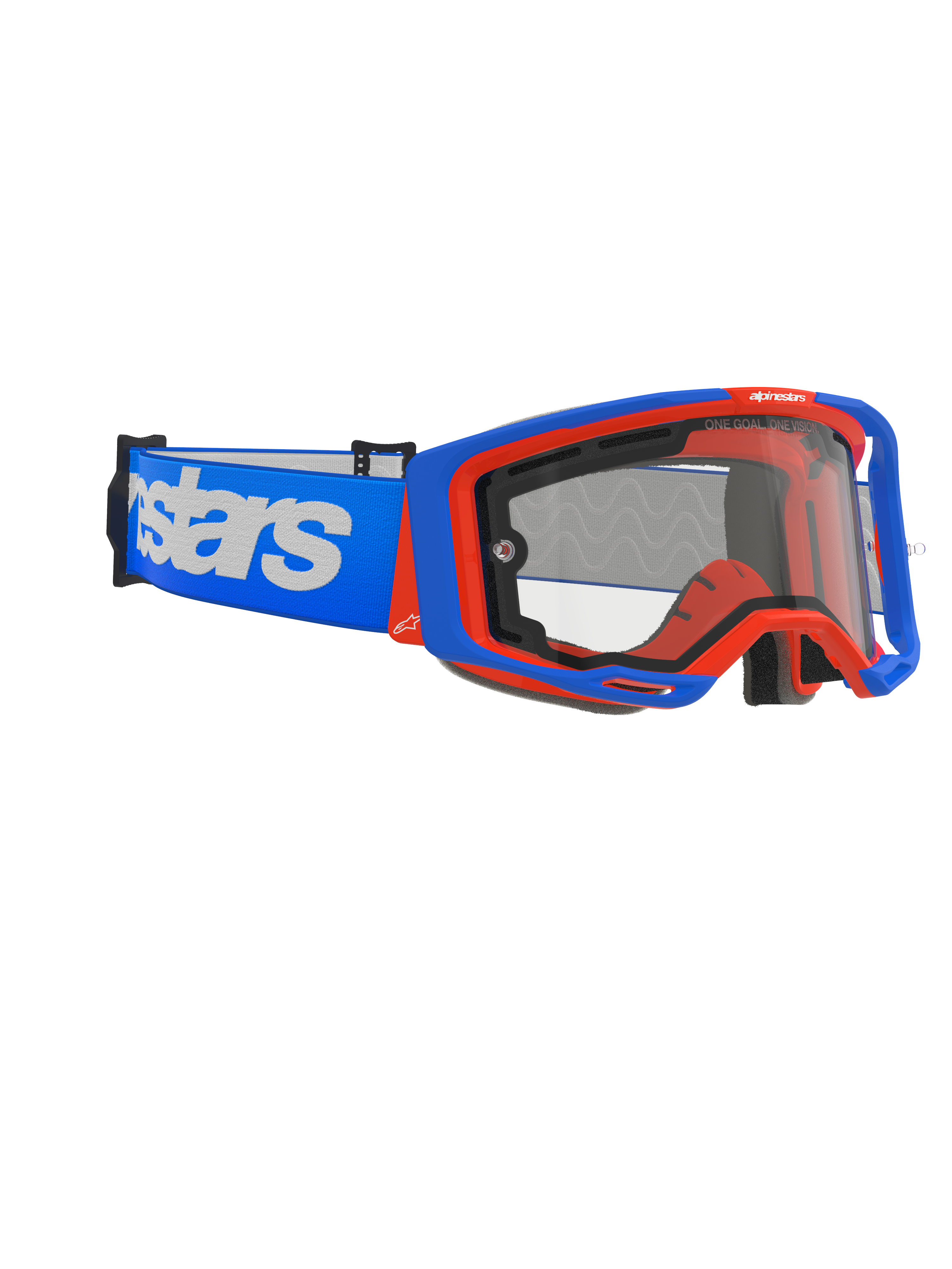 Alpinestars Vision 8 Wordmark Goggles Dual Pane, maschere da motocross, blu e arancione con lente trasparente, ampia fascia blu con logo wordmark bianco, design ergonomico per corse off-road