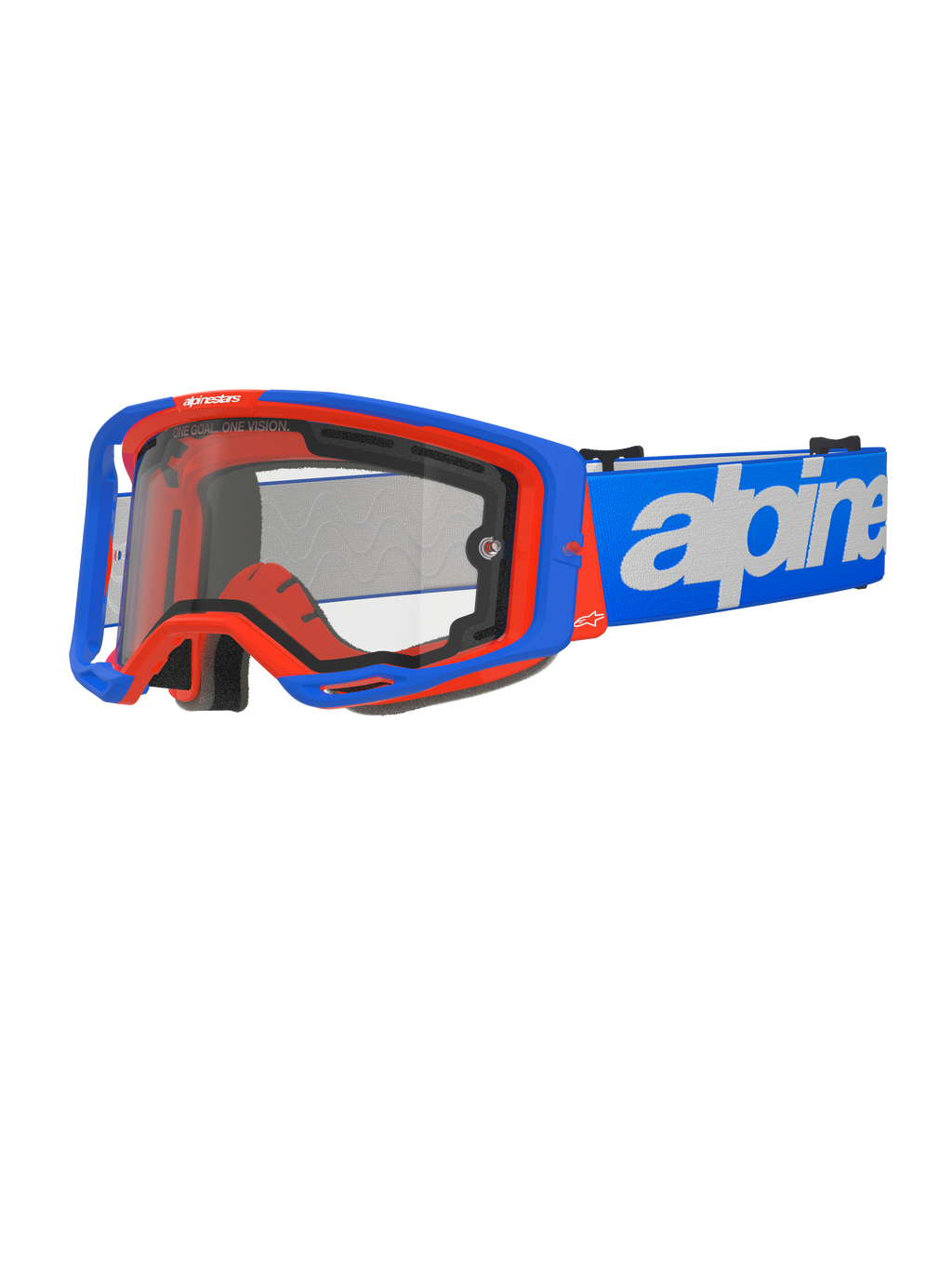 Alpinestars Vision 8 Wordmark Goggles Dual Pane, occhiali da motocross, blu e arancione, doppia lente trasparente, cinturino blu con logo wordmark bianco, imbottitura in schiuma nera, attrezzatura da corsa fuoristrada