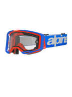 Alpinestars Vision 8 Wordmark Goggles Dual Pane, occhiali da motocross, blu e arancione, doppia lente trasparente, cinturino blu con logo wordmark bianco, imbottitura in schiuma nera, attrezzatura da corsa fuoristrada