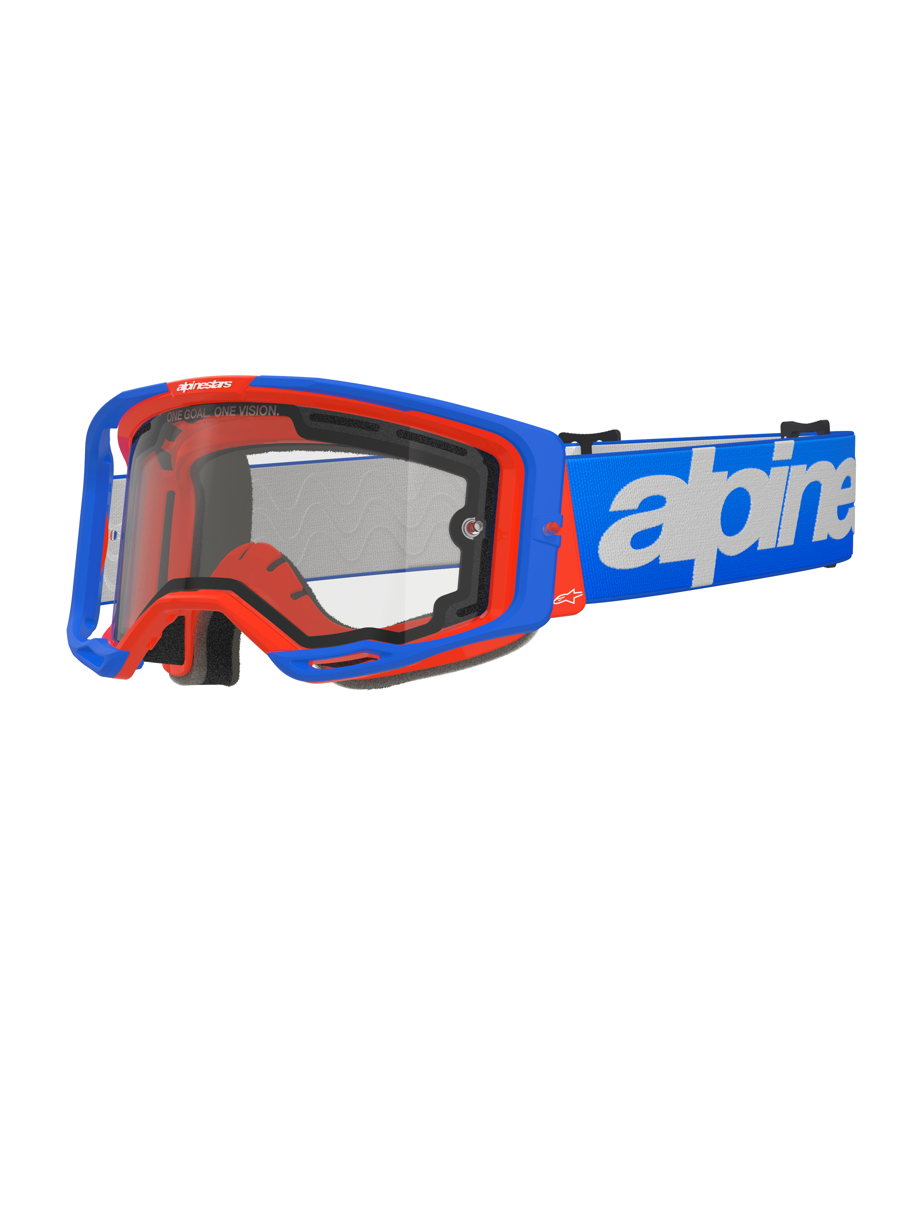 Alpinestars Vision 8 Wordmark Goggles Dual Pane, occhiali da motocross, blu e arancione, doppia lente trasparente, cinturino blu con logo wordmark bianco, imbottitura in schiuma nera, attrezzatura da corsa fuoristrada