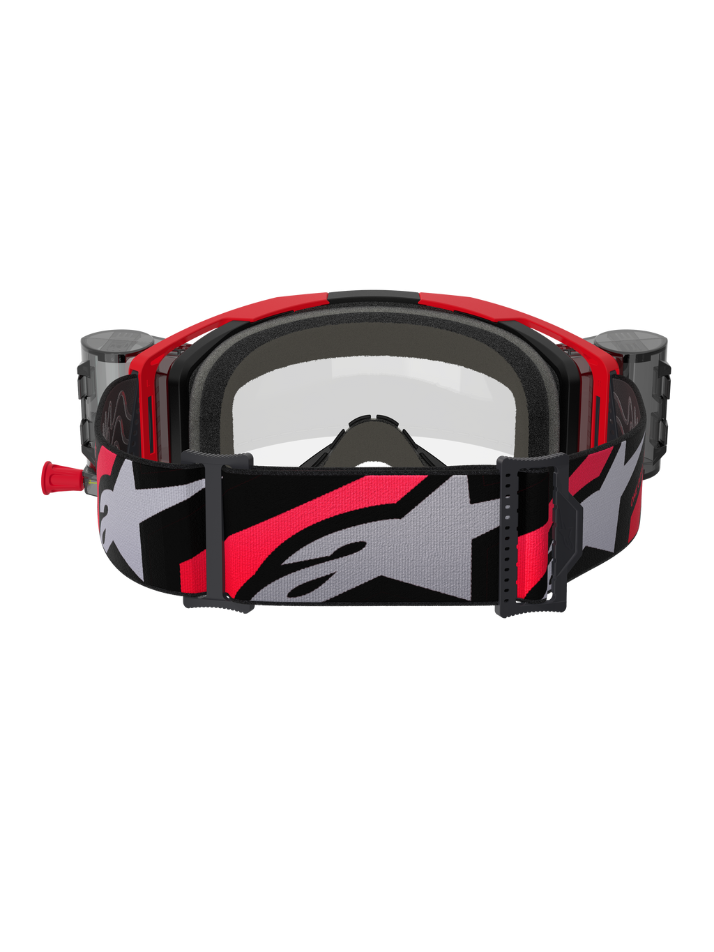 Alpinestars Vision 8 Luar Goggles Roll Off, maschere da motocross, rosso, nero e trasparente, vista posteriore con imbottitura interna in schiuma grigia, serbatoi del sistema roll-off sui lati e ampia fascia regolabile con un grande logo Alpinestars grigio e accenti rossi.