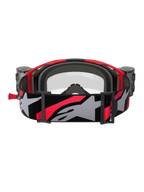Alpinestars Vision 8 Luar Goggles Roll Off, maschere da motocross, rosso, nero e trasparente, vista posteriore con imbottitura interna in schiuma grigia, serbatoi del sistema roll-off sui lati e ampia fascia regolabile con un grande logo Alpinestars grigio e accenti rossi.