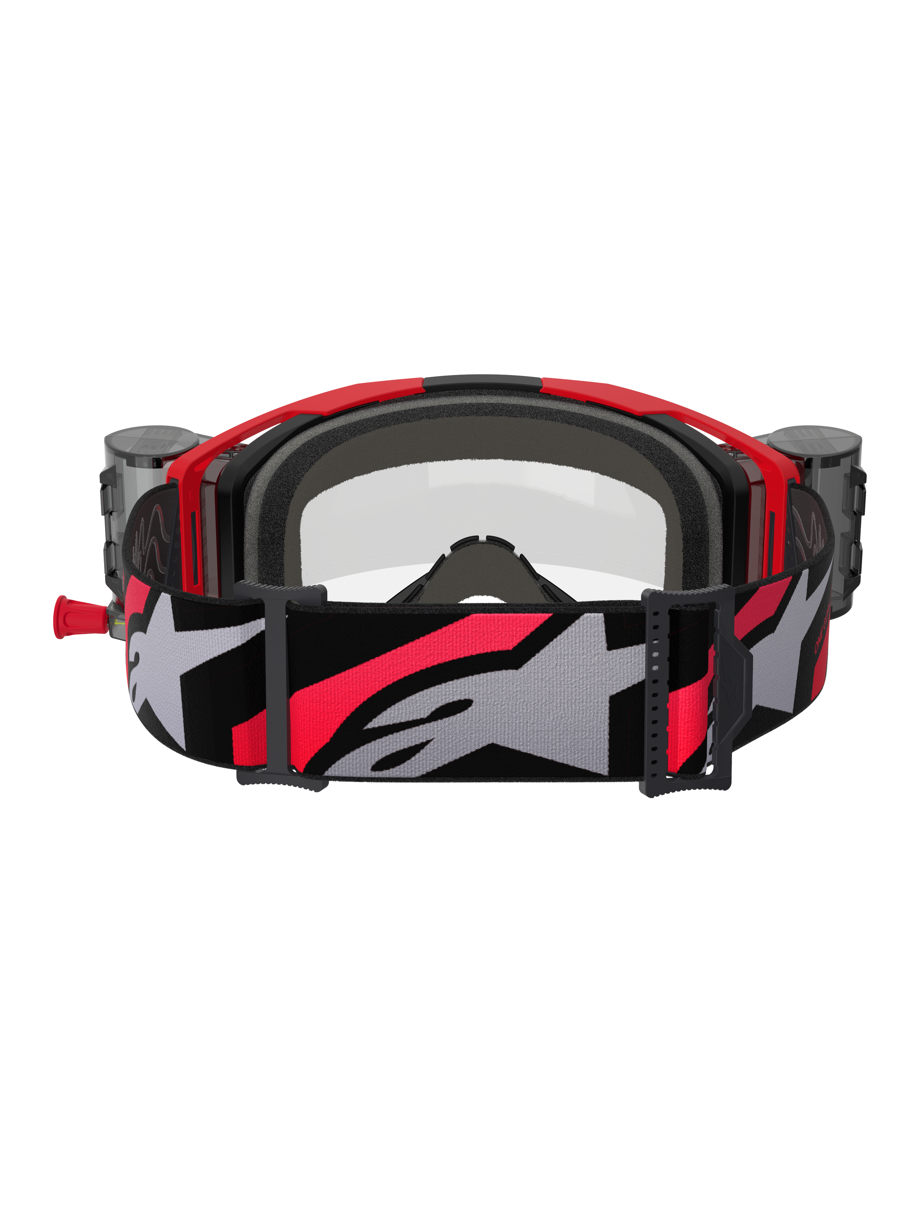 Alpinestars Vision 8 Luar Goggles Roll Off, maschere da motocross, rosso, nero e trasparente, vista posteriore con imbottitura interna in schiuma grigia, serbatoi del sistema roll-off sui lati e ampia fascia regolabile con un grande logo Alpinestars grigio e accenti rossi.