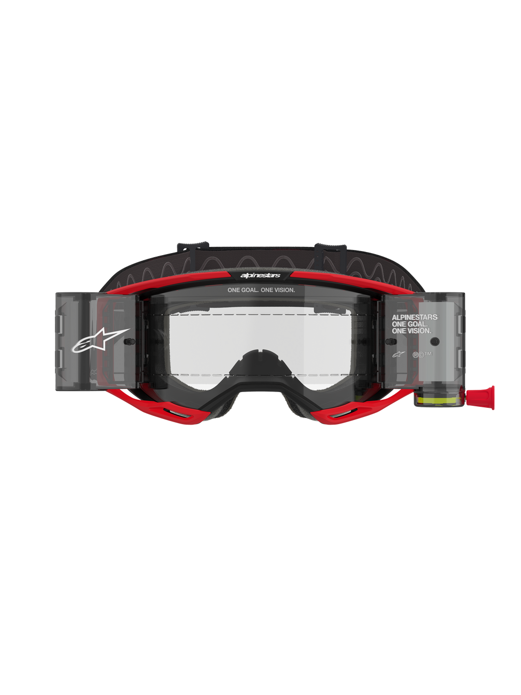 Alpinestars Vision 8 Luar Goggles Roll Off, maschera da motocross, rosso e nero, dotata di lente trasparente con rullini del sistema roll-off integrati, marchio Alpinestars con scritta "ONE GOAL. ONE VISION.", progettata per la visibilità nelle corse fuoristrada